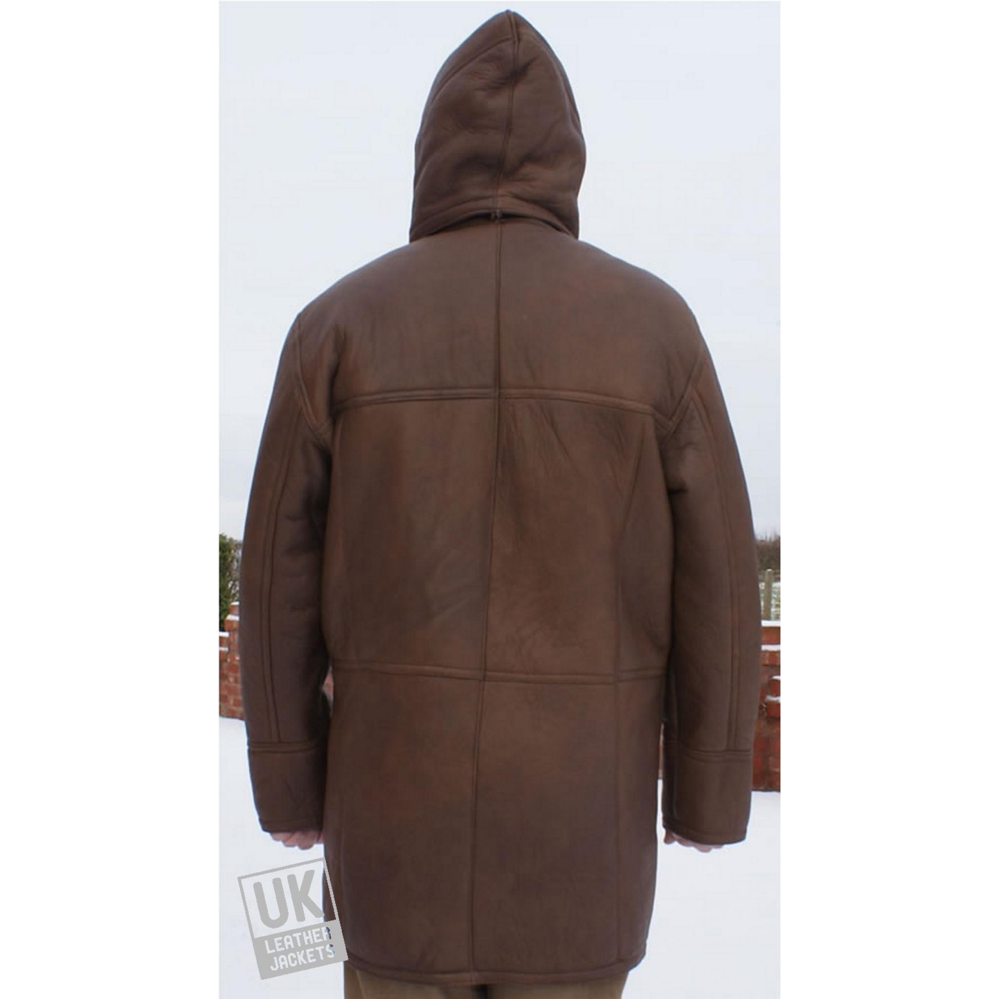 Mens Brown Shearling Sheepskin Duffle Coat Detach Hood Birkin