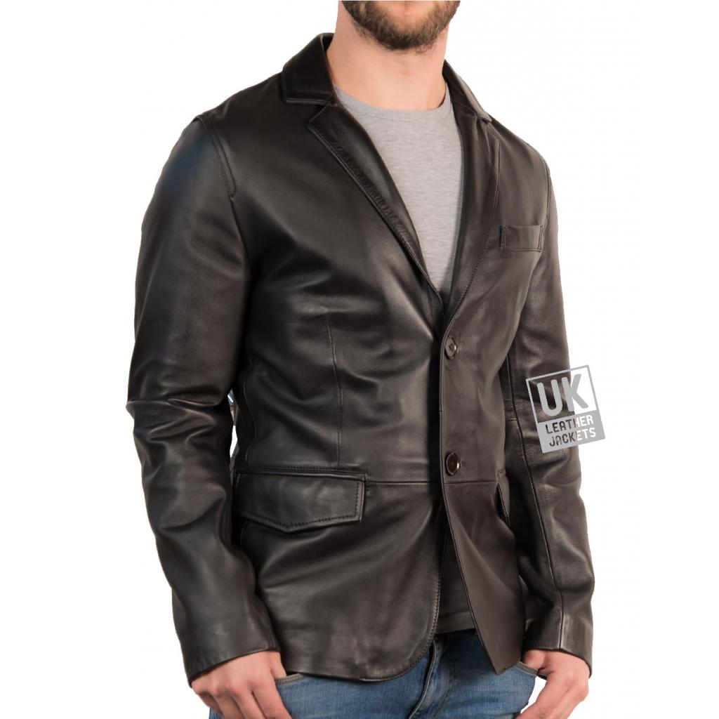 Mens Slim Fit Black Leather Blazer UK Leather Jackets