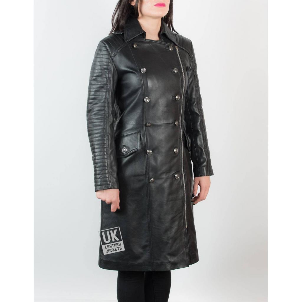 Womens Knee Length Black Leather Coat Military