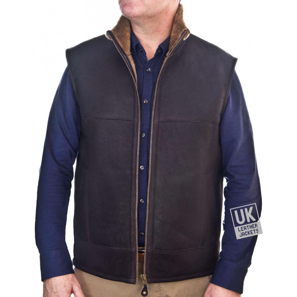 Mens Brown Leather Sheepskin Gilet Brown Wool