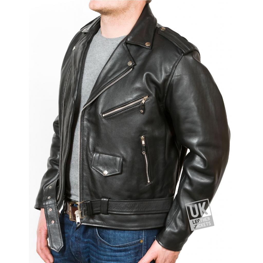 Mens Cross Zip Belted Black Leather Biker Jacket - Brando - Superior ...