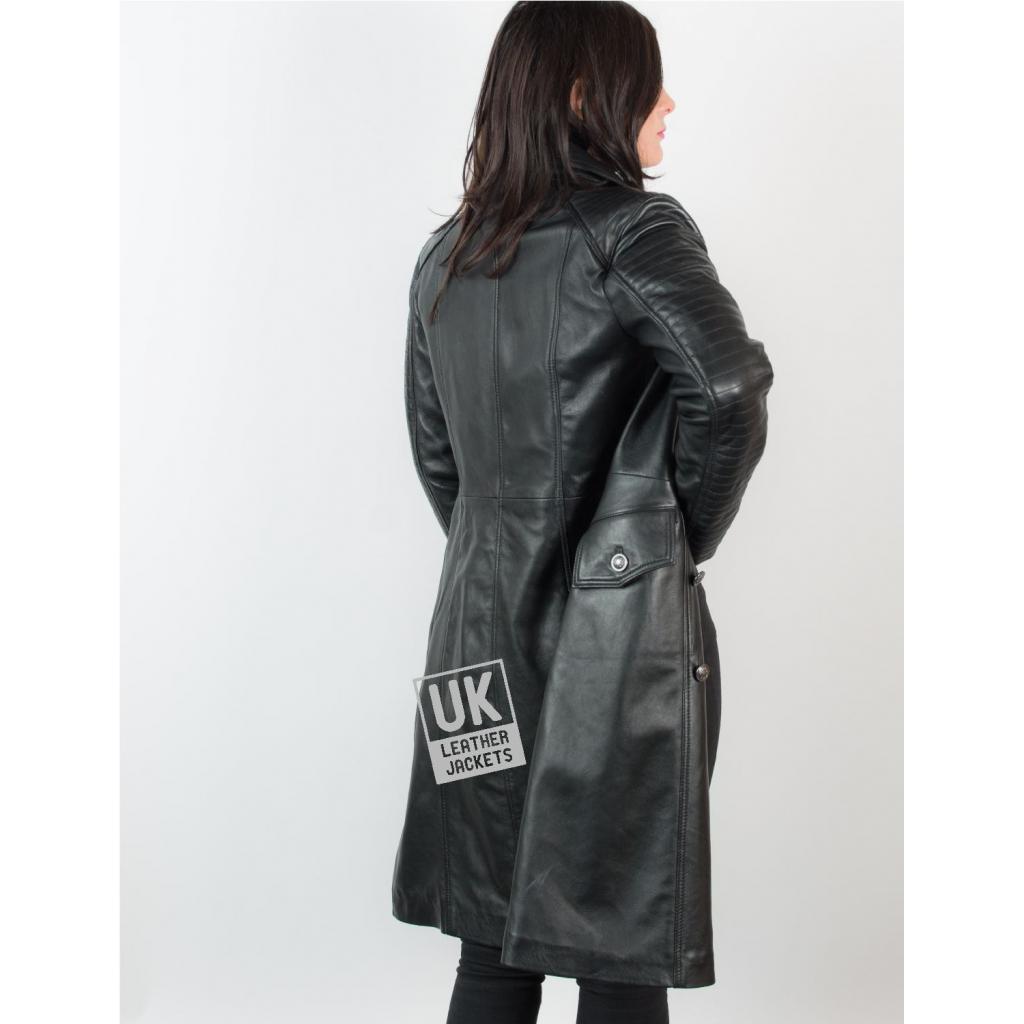 Womens Knee Length Black Leather Coat Military