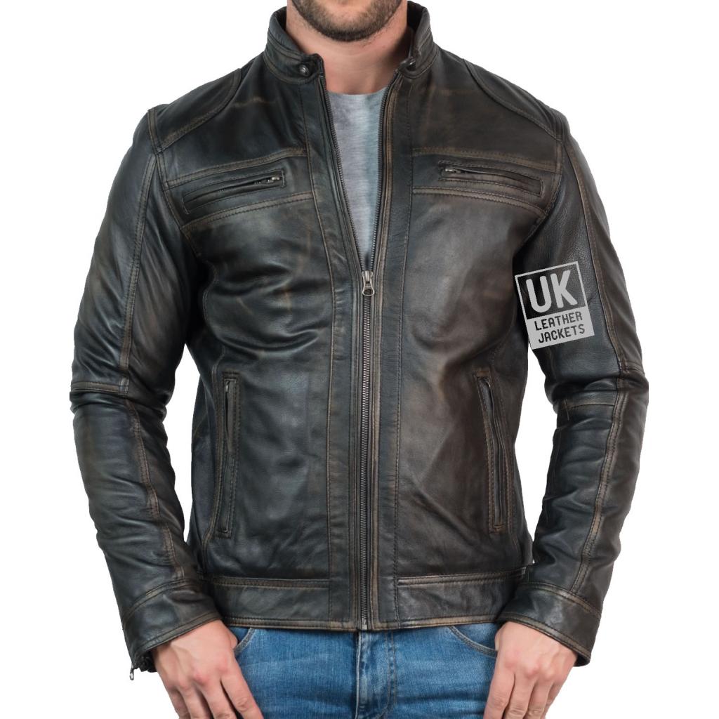 Mens Burnished Black Leather Jacket - Ellin