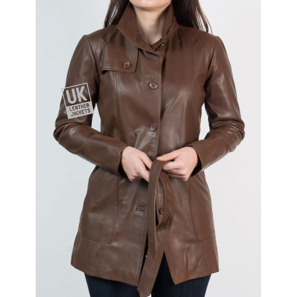 Womens 3/4 Length Brown Leather Coat Jacket - Sophie I | Free UK Delivery