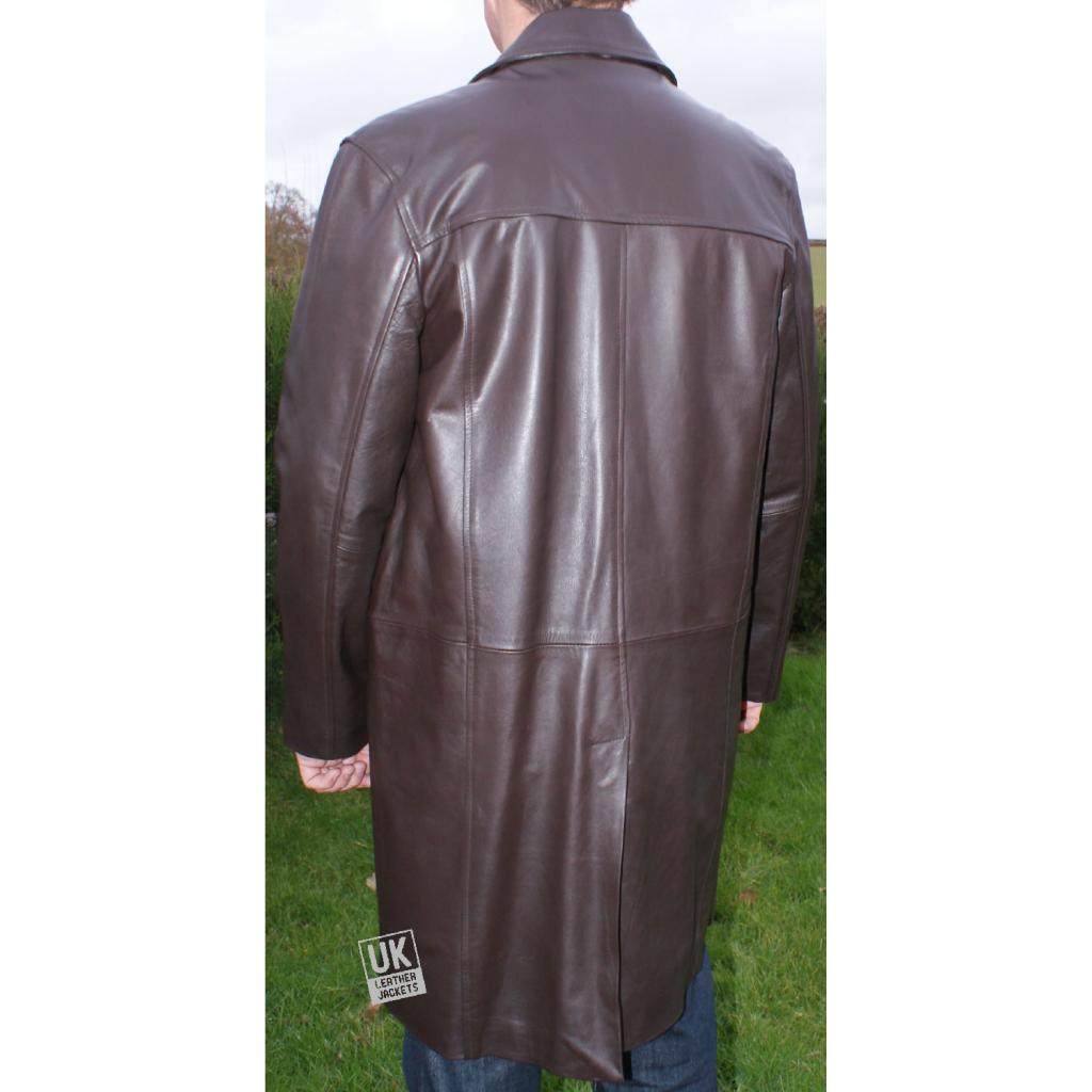 Men's Knee Length Brown Cow Hide Leather Coat Saint UK Leather Jackets