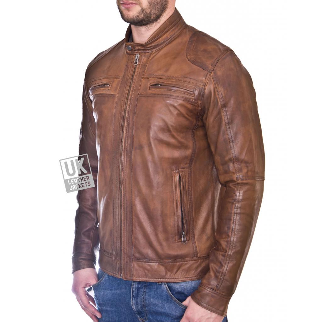 Mens Vintage Tan Leather Biker Jacket - Morgan | UK Leather Jackets