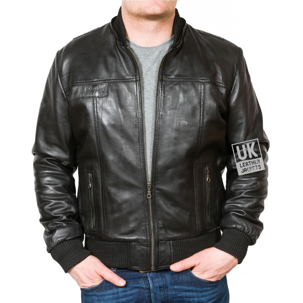 Mens Black Hooded Leather Bomber Jacket - Troy - Detachable Hood | Free ...