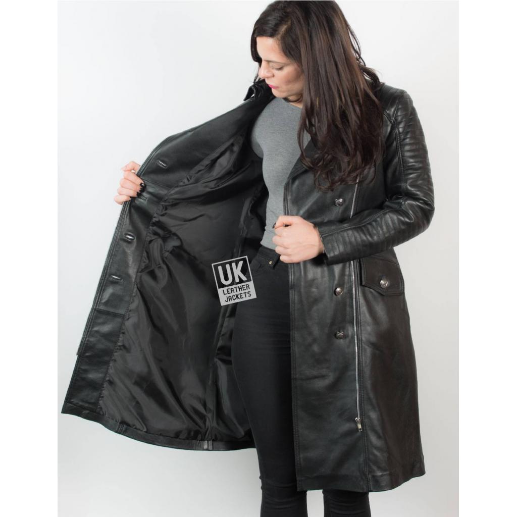 Womens Knee Length Black Leather Coat Military