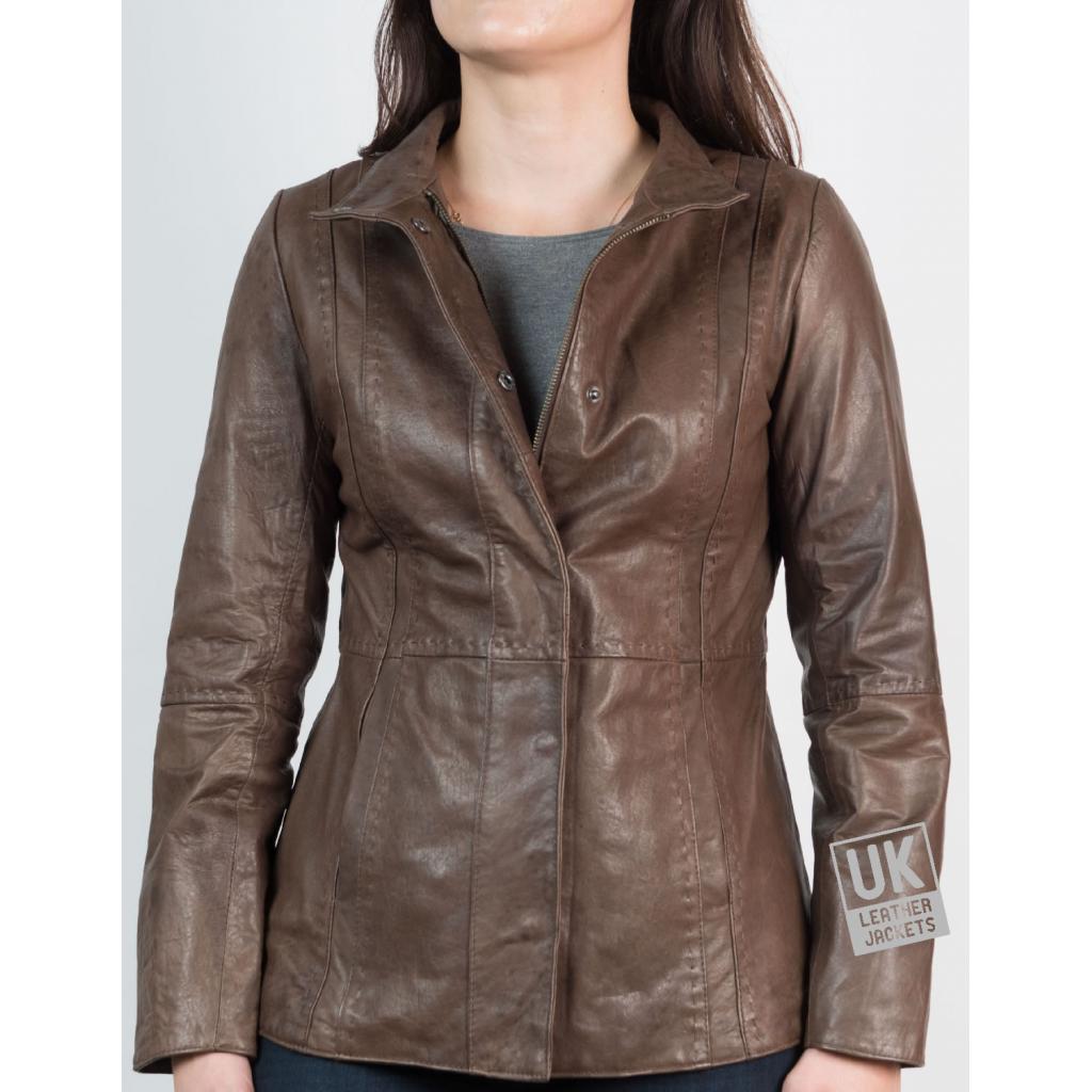 Womens Hip Length Zip Leather Jacket - Brown - Eva | Free UK Delivery