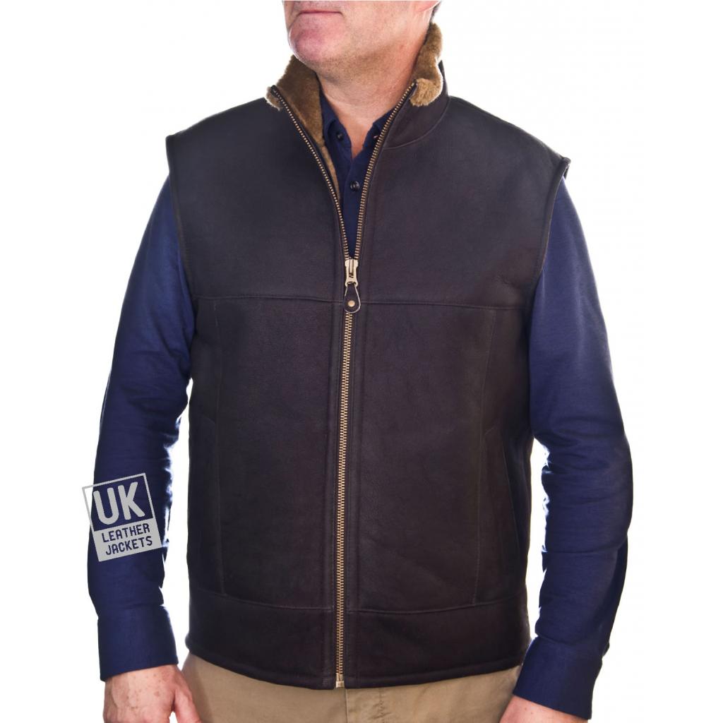Mens Brown Leather Sheepskin Gilet Brown Wool