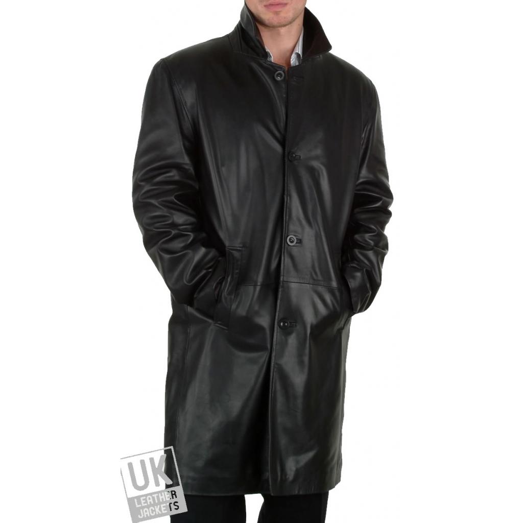 Mens Knee Length Black Leather Coat Saint Uk Leather Jackets