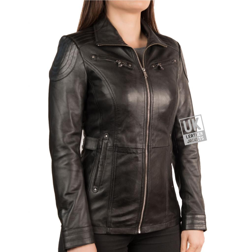 Womens Black Leather Jacket Vienna Hip Length Free UK Delivery