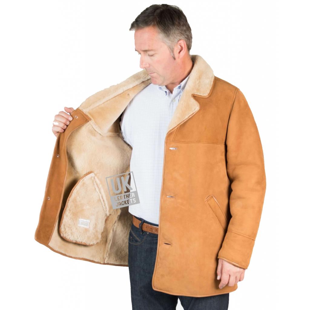 Mens Tan Shearling Sheepskin Car Coat Superior Quality