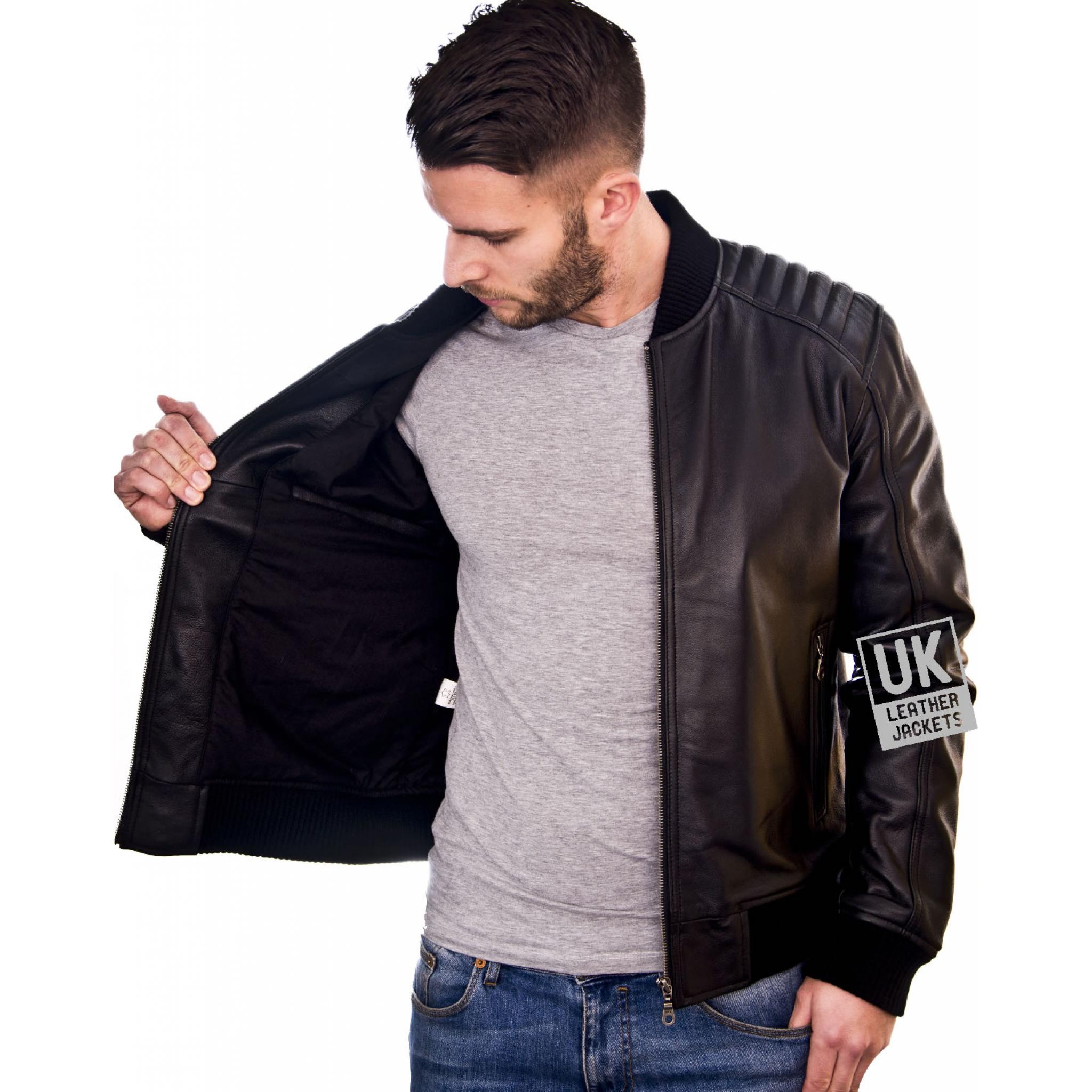 Men's Black Leather Bomber Jacket - Ventega | UK Leather Jackets
