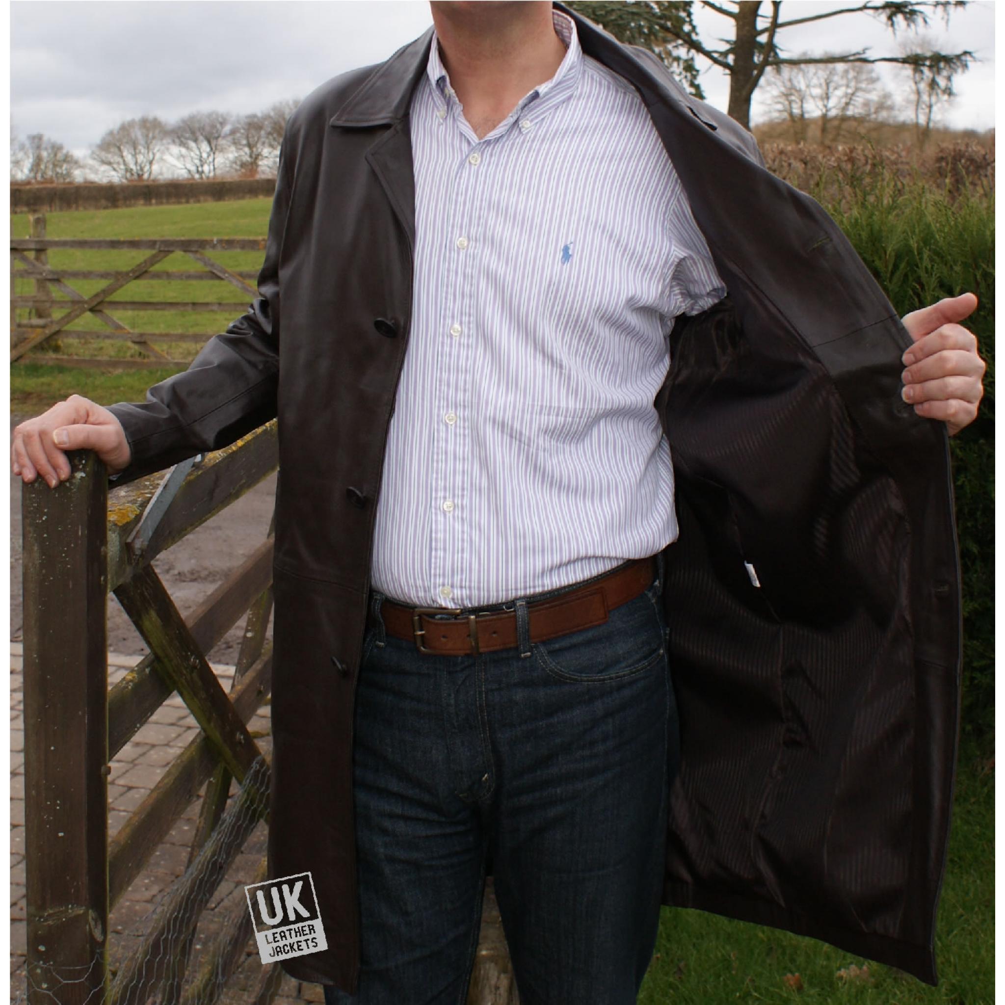 Men's Knee Length Brown Cow Hide Leather Coat Saint UK Leather Jackets