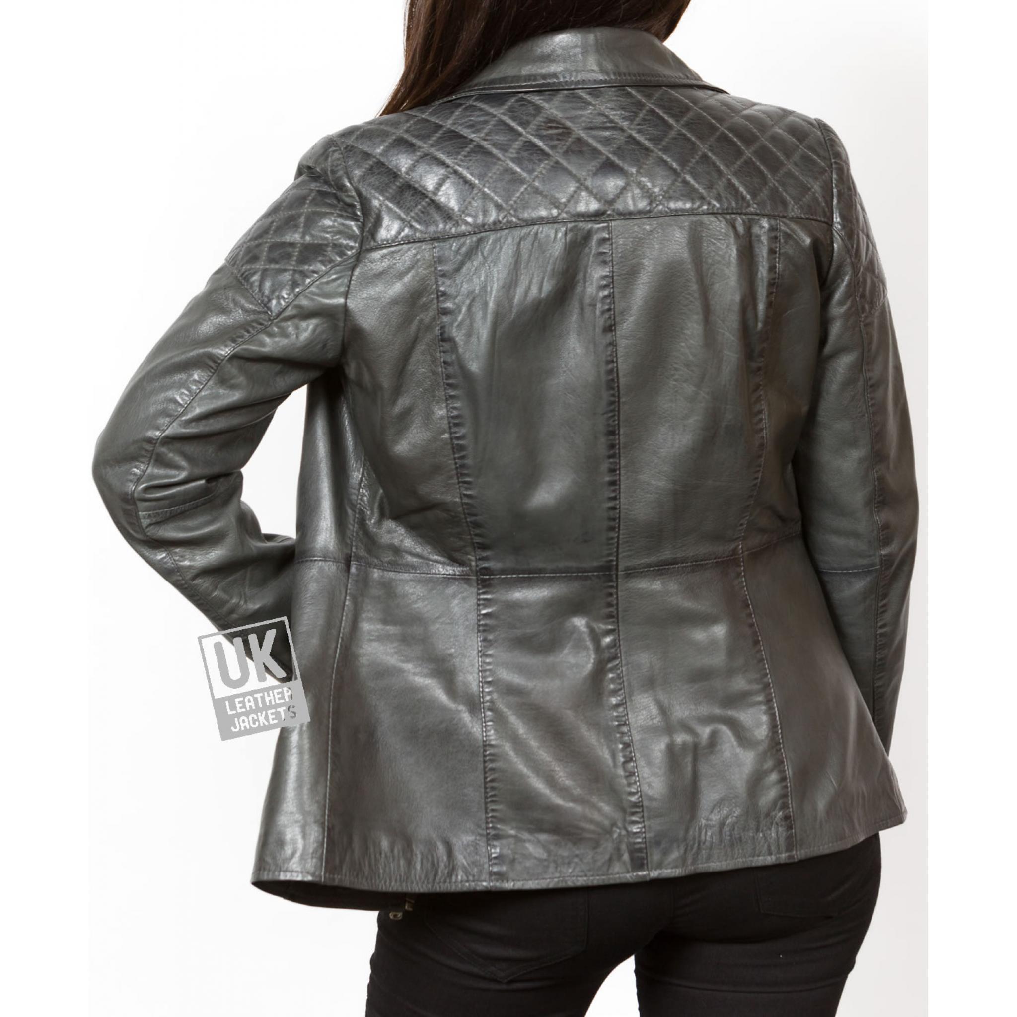 Women's Grey Leather Jacket Longer Length Aire Free UK Delivery