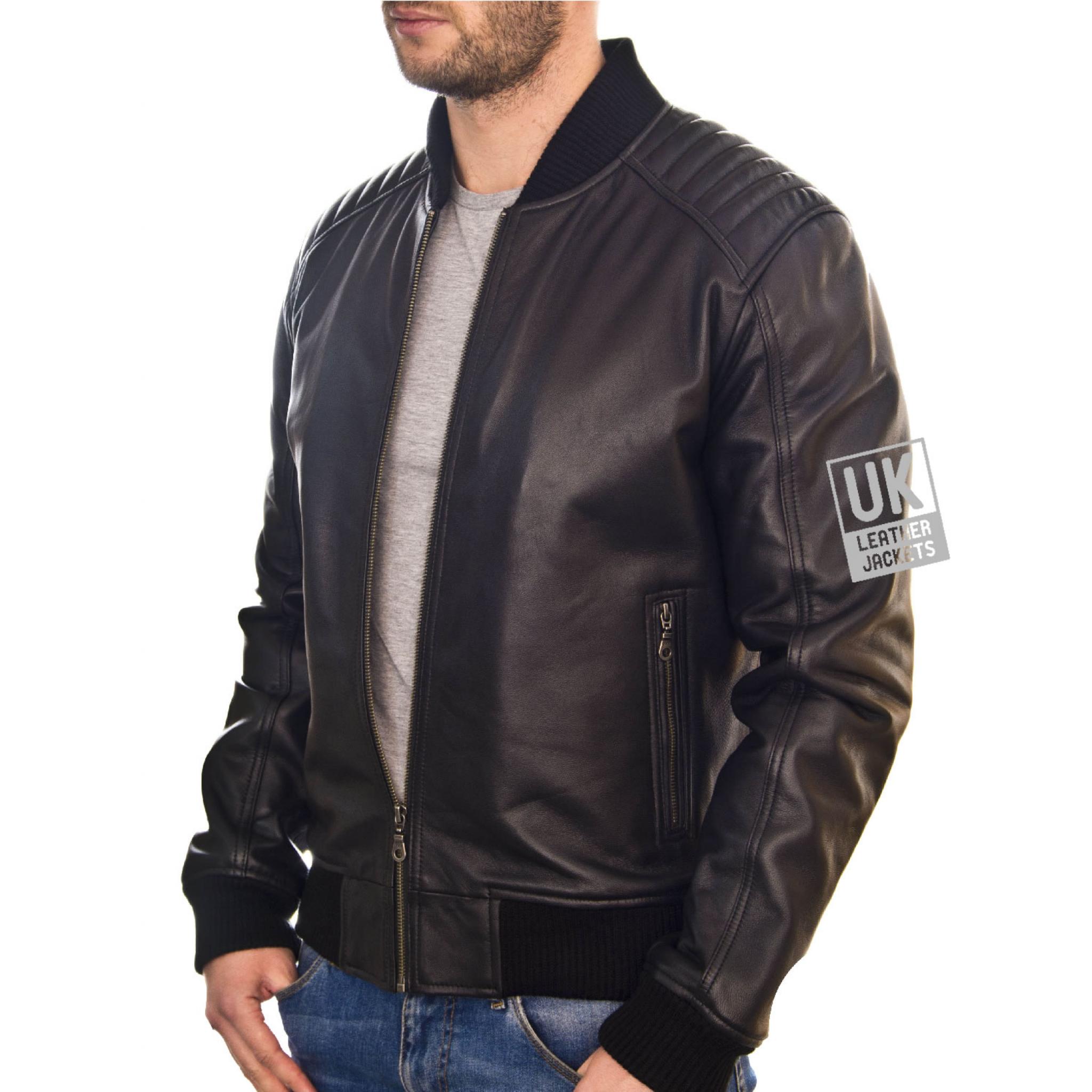 Men's Black Leather Bomber Jacket - Ventega | UK Leather Jackets