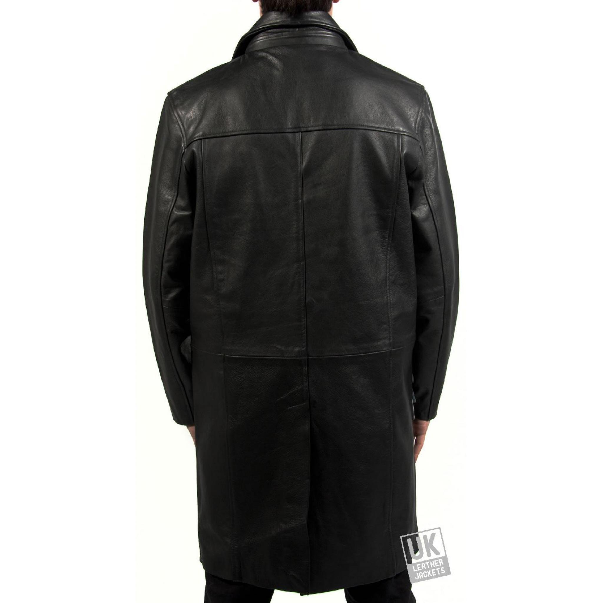 Mens knee Length Black Cow Hide Leather Coat Saint
