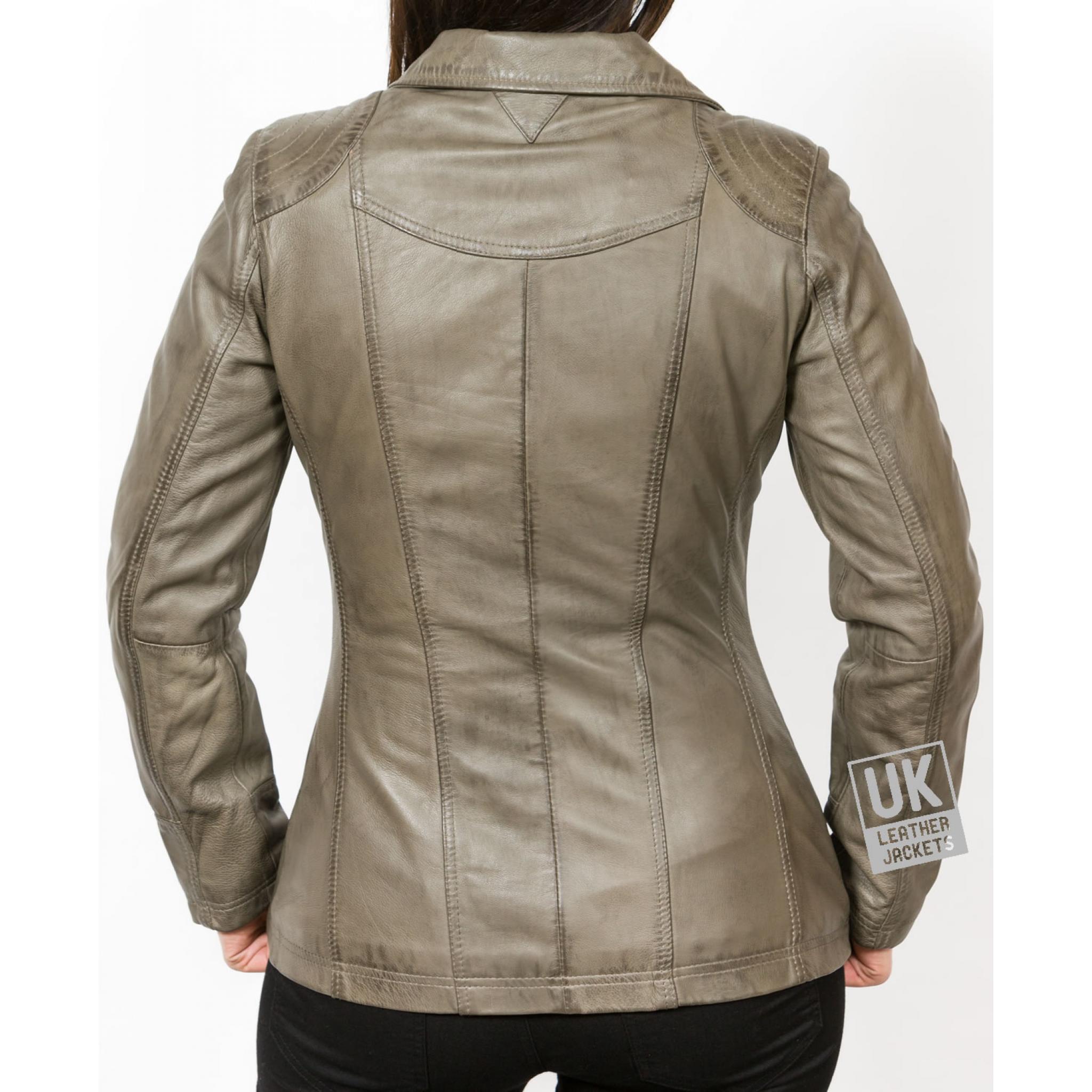 Womens Olive Leather Jacket Muse Hip Length