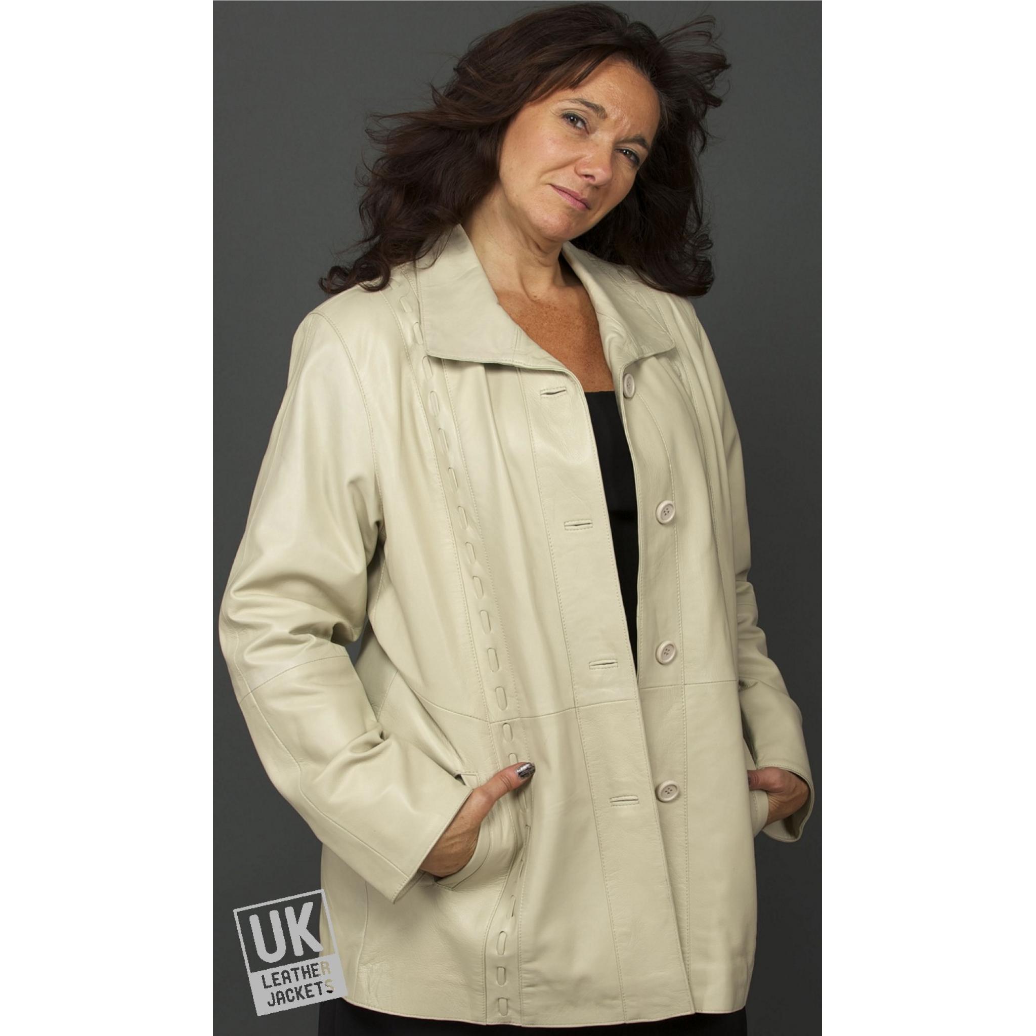 Ladies Stone Ivory Leather Coat Jacket Aurora Free UK Delivery