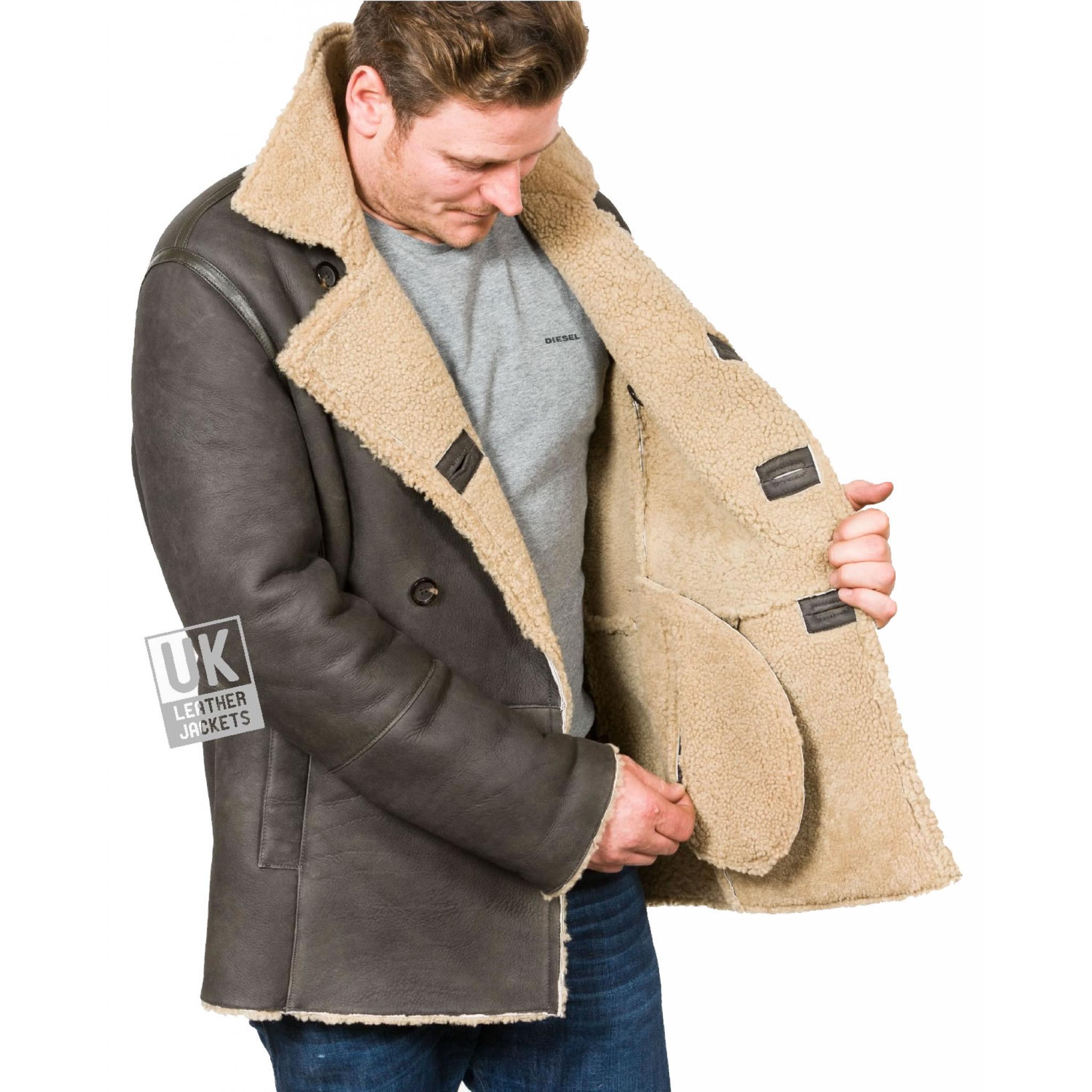 Mens Brown Double Breasted Shearling Sheepskin Jacket - Pea Coat | Free UK  Delivery
