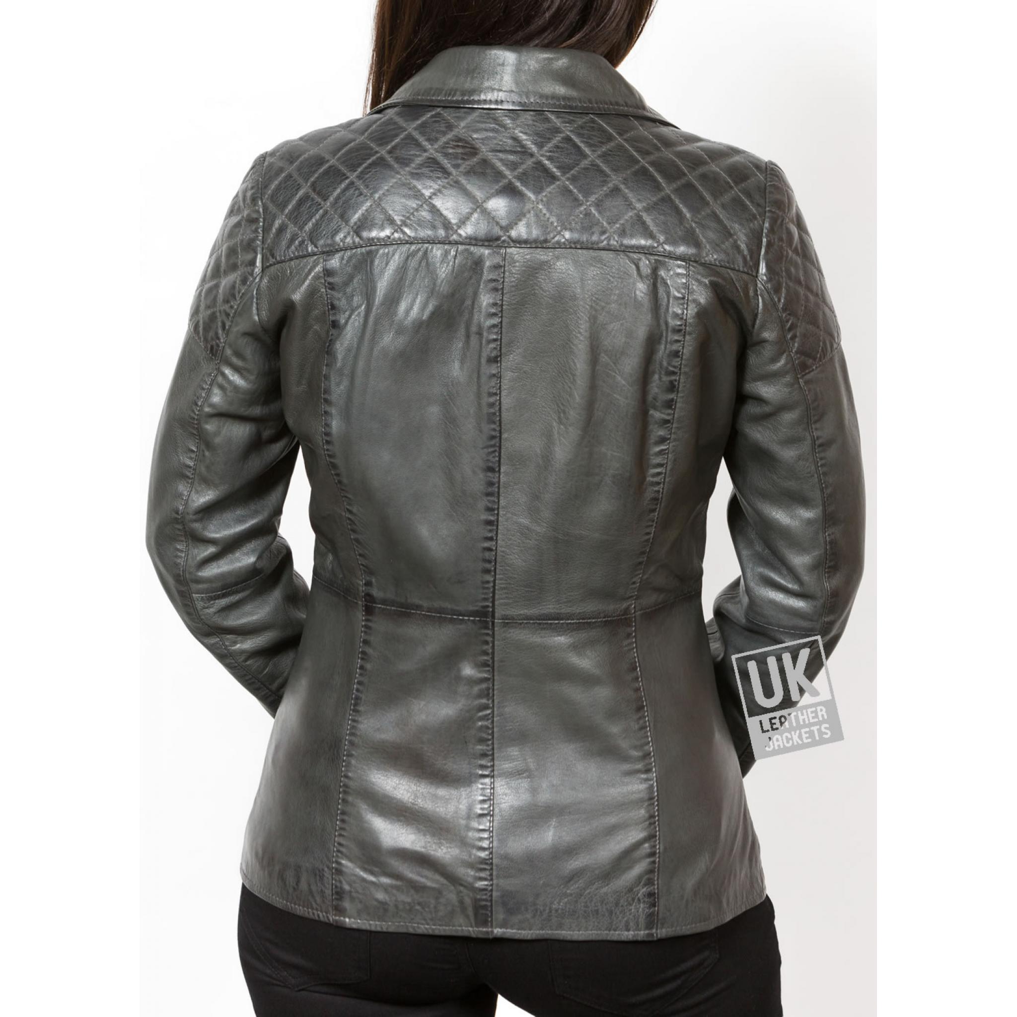 Women's Grey Leather Jacket Longer Length Aire Free UK Delivery