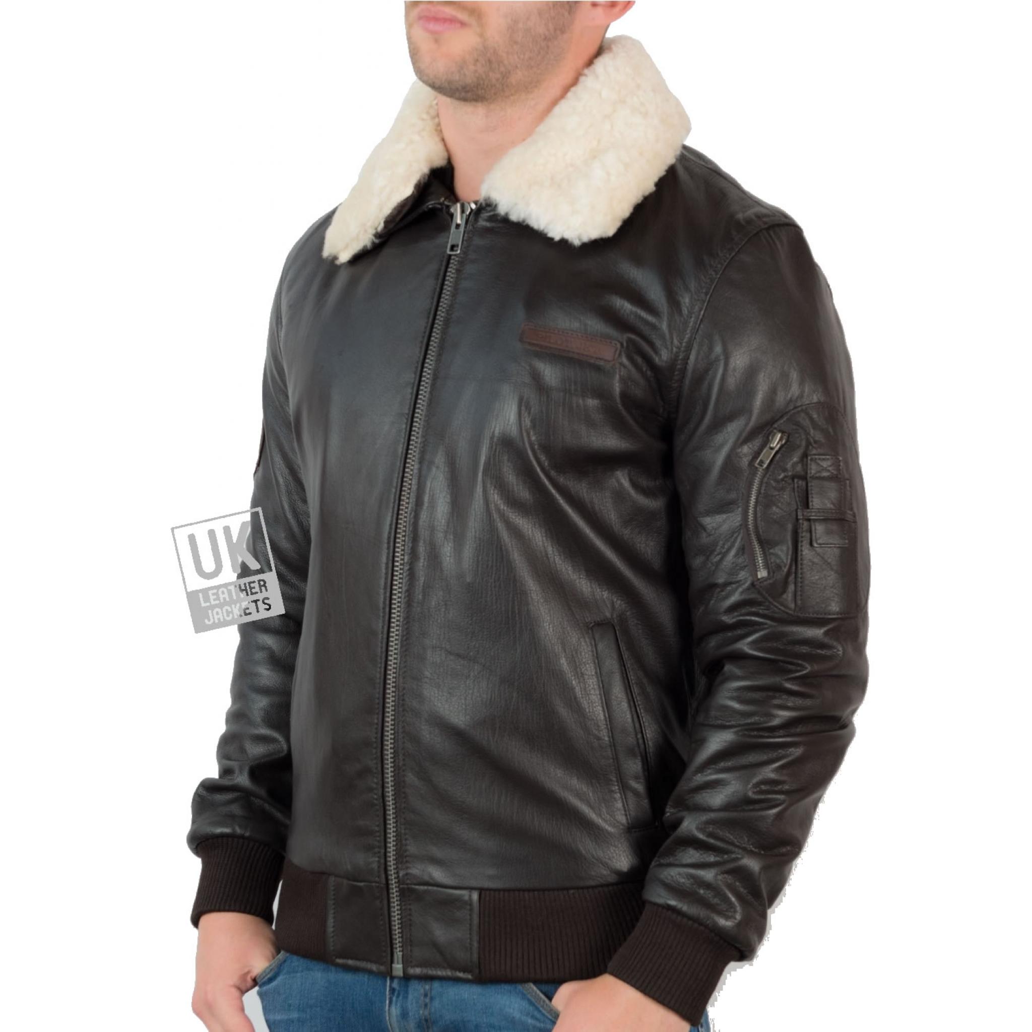 Mens Brown Leather Flying Jacket - Pilot -Detach Wool Fleece Collar