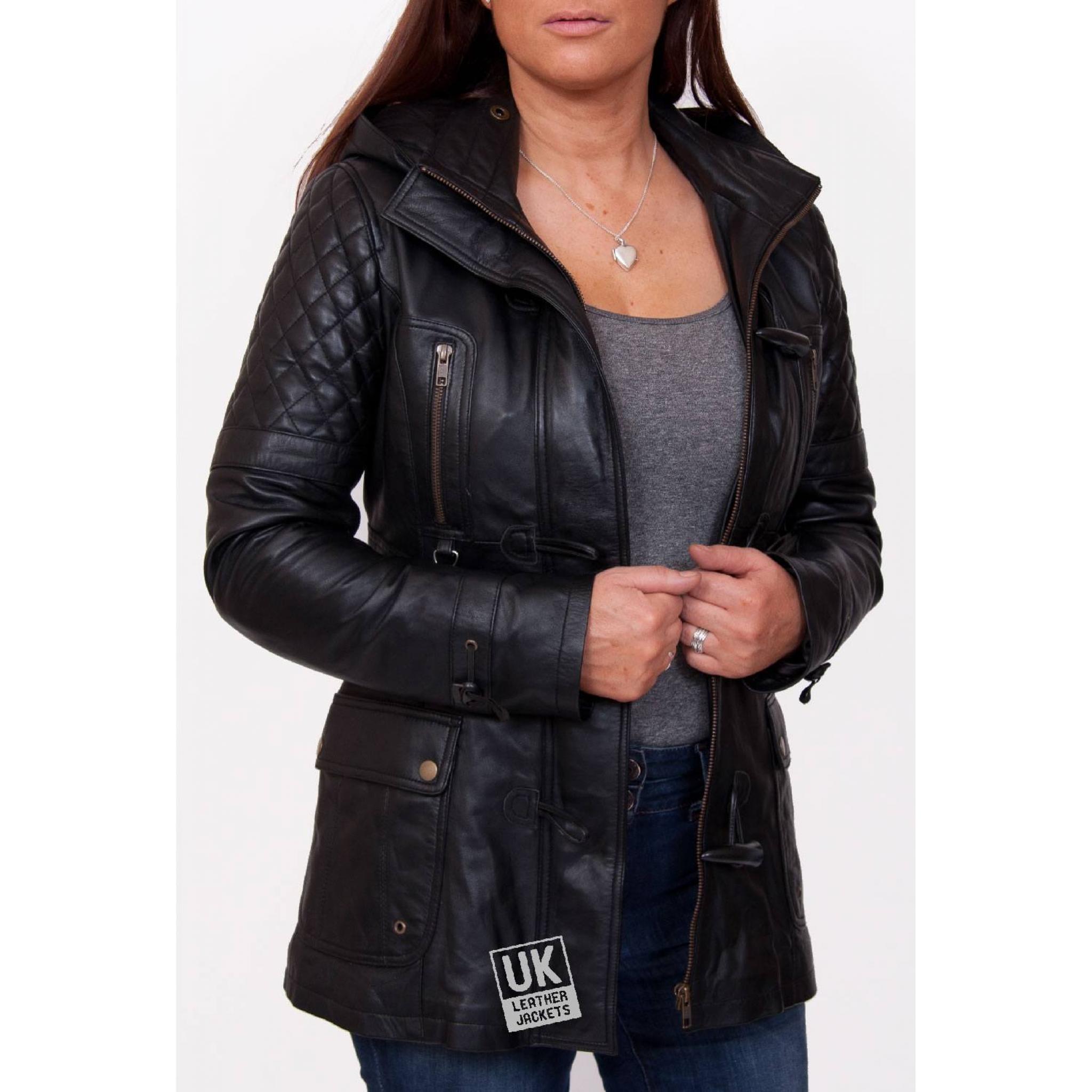Womens Black Leather Hip Length Jacket Detach Hood Eclipse UK