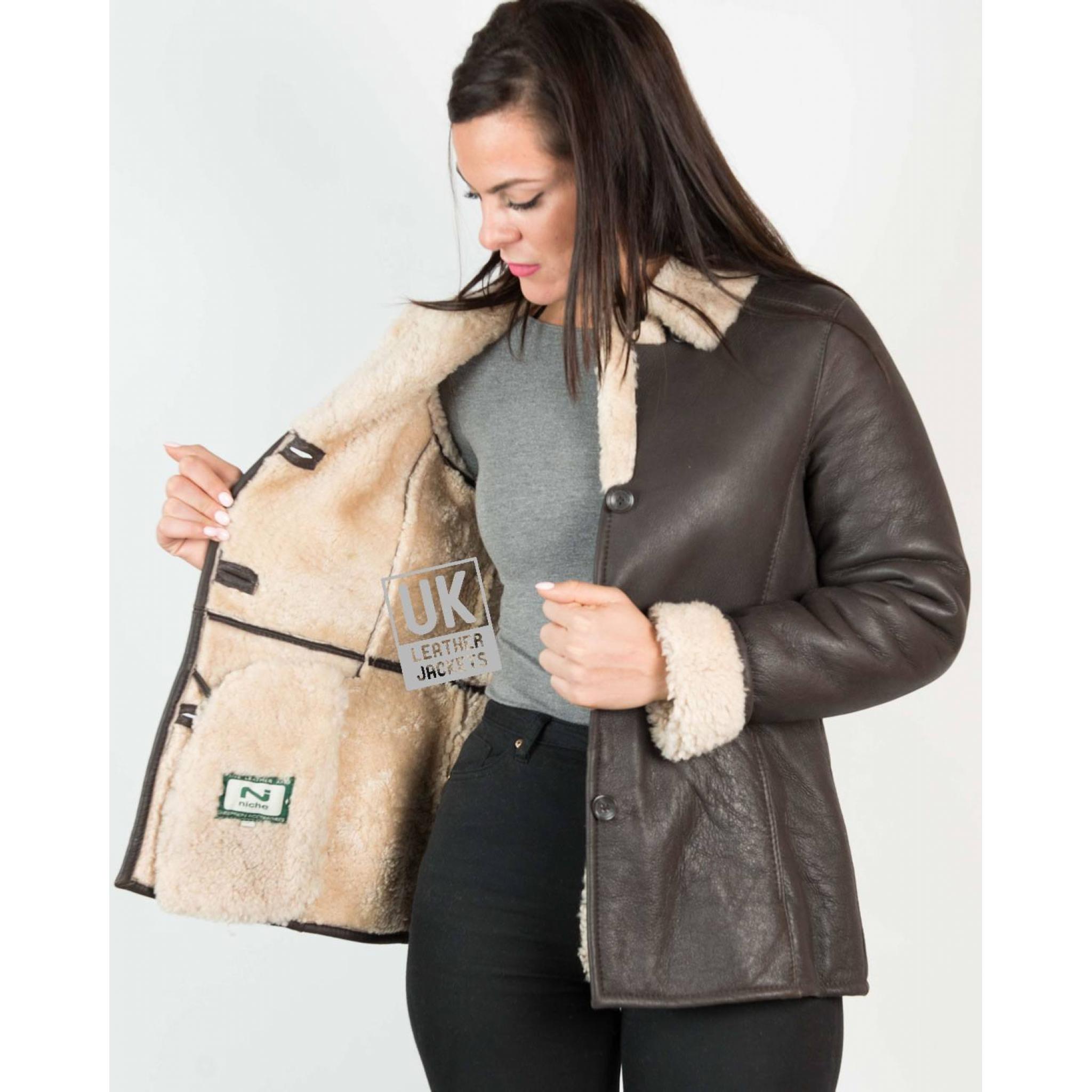 Womens Button Shearling Sheepskin Jacket Hip Length Nita UK LJ