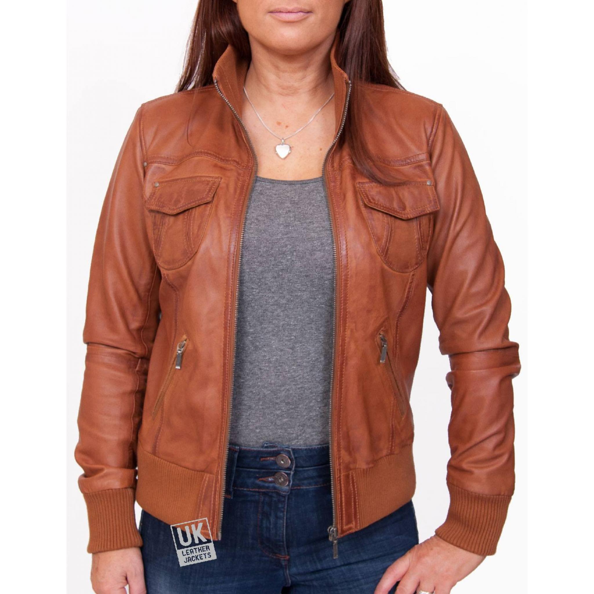 Womens Tan Leather Bomber Jacket Harper UK Leather Jackets