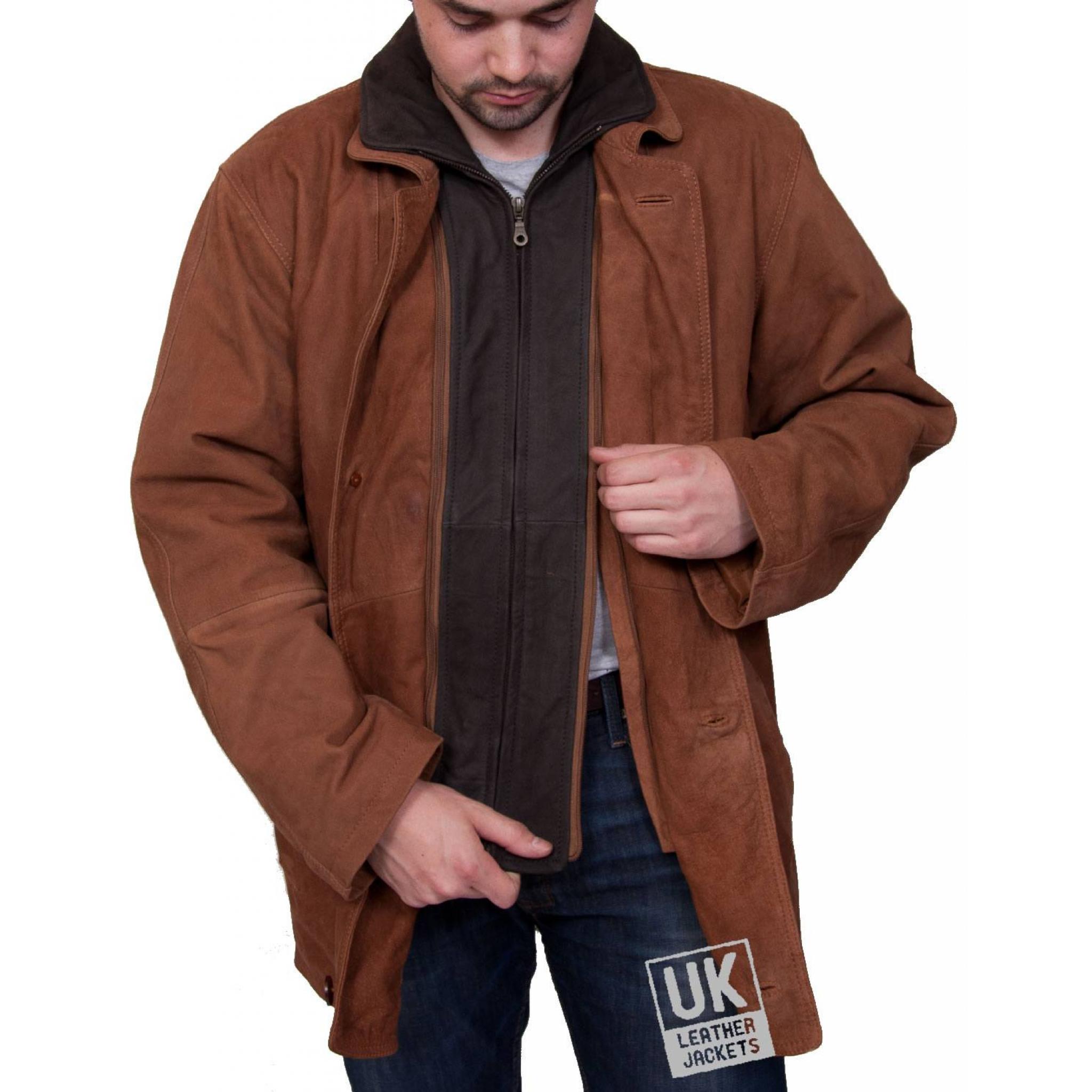 Mens Tan Nubuck Leather Coat Jacket - Magna -Double Collar