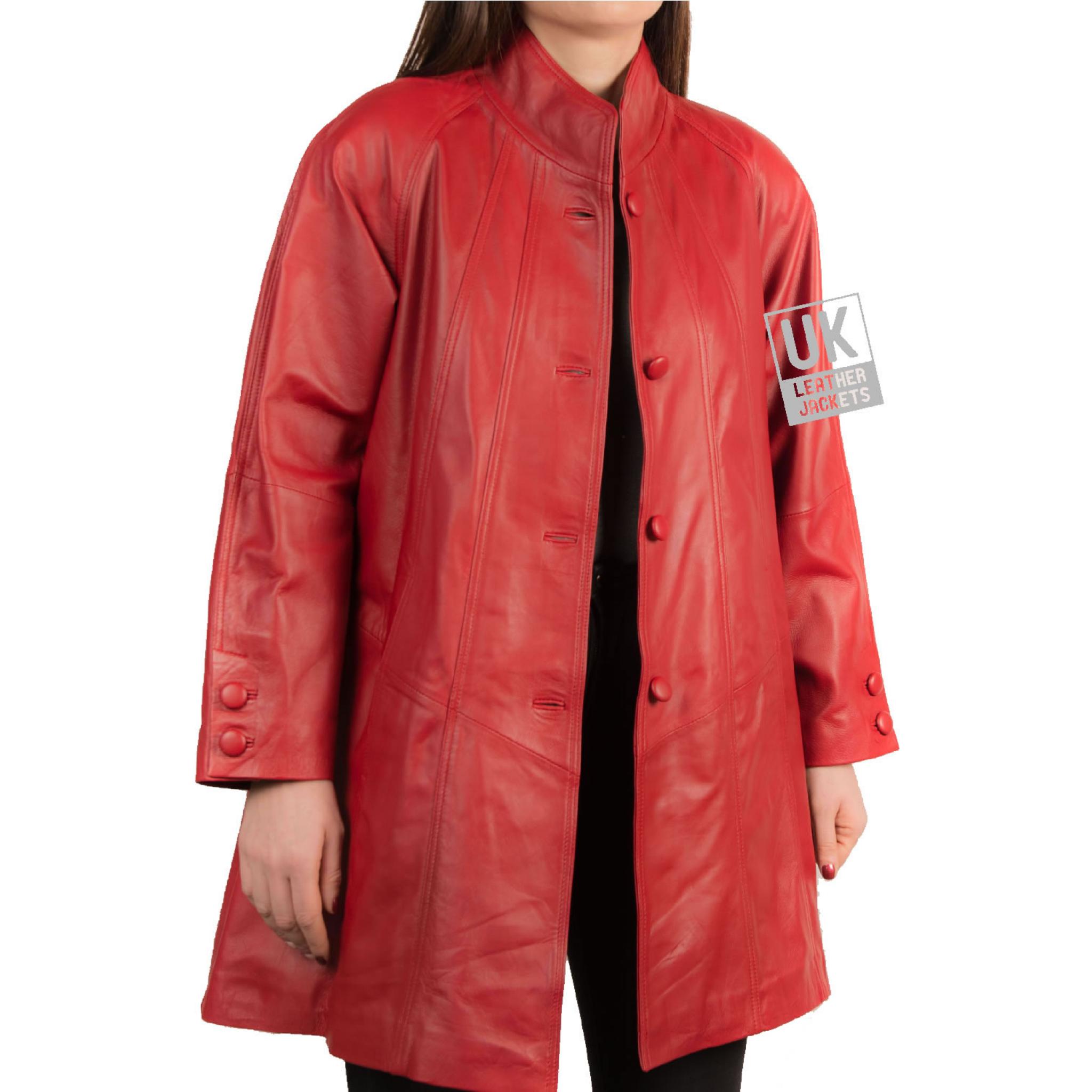 Womens Red Leather Swing Coat Jewel Free UK Delivery