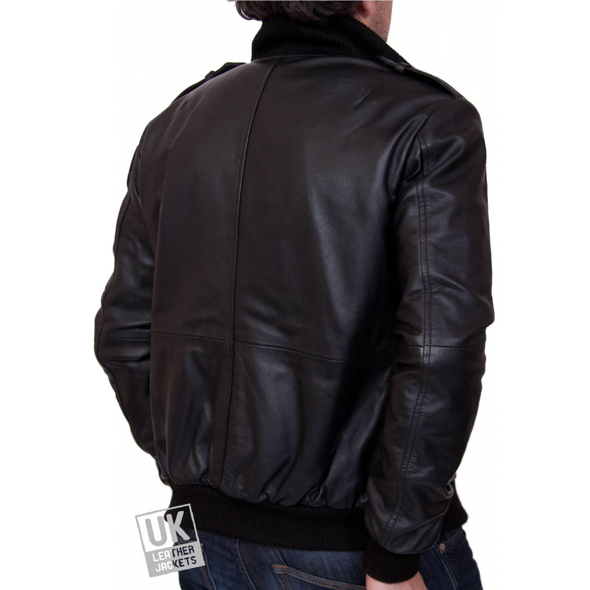 Mens Black Leather Bomber Jacket 