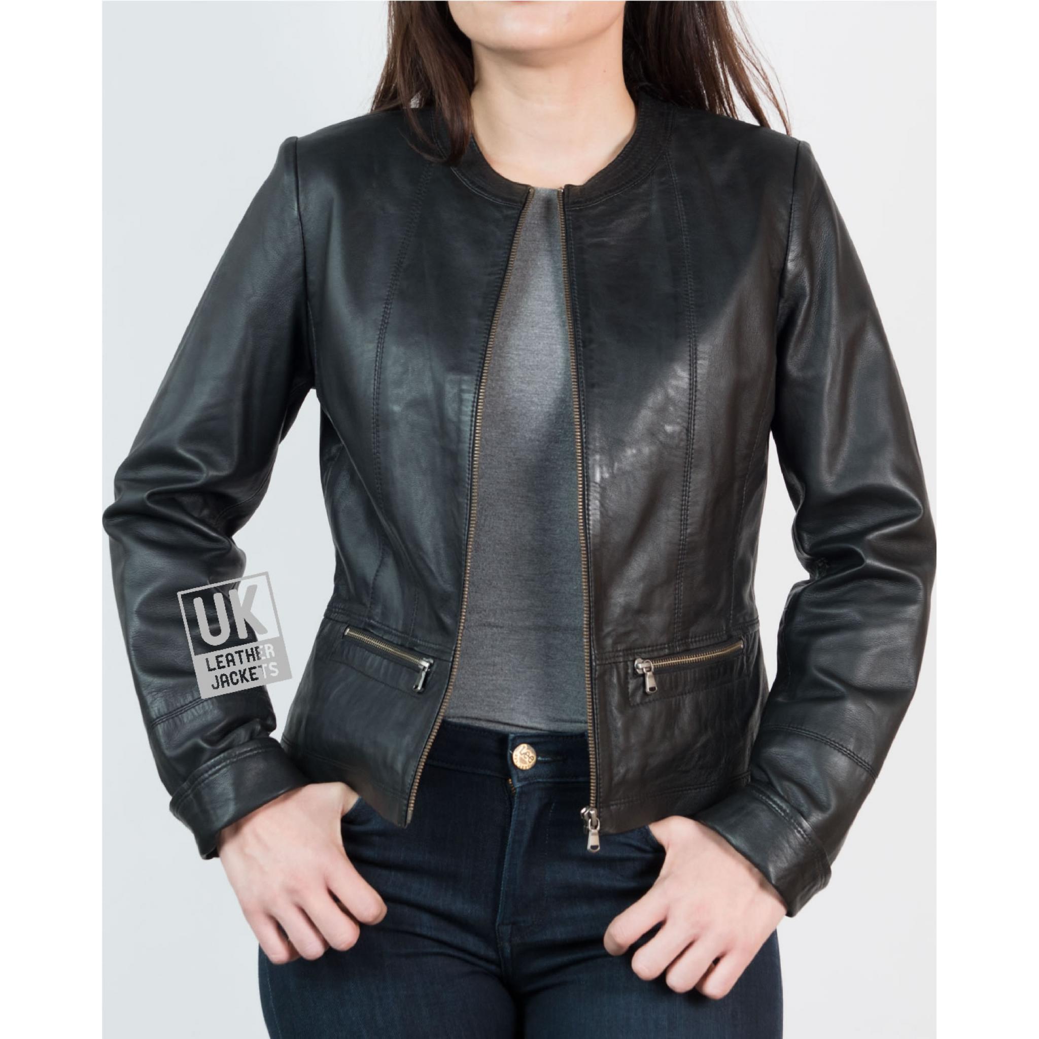 Women's Collarless Black Leather Jacket - Kilder | Free UK Delivery