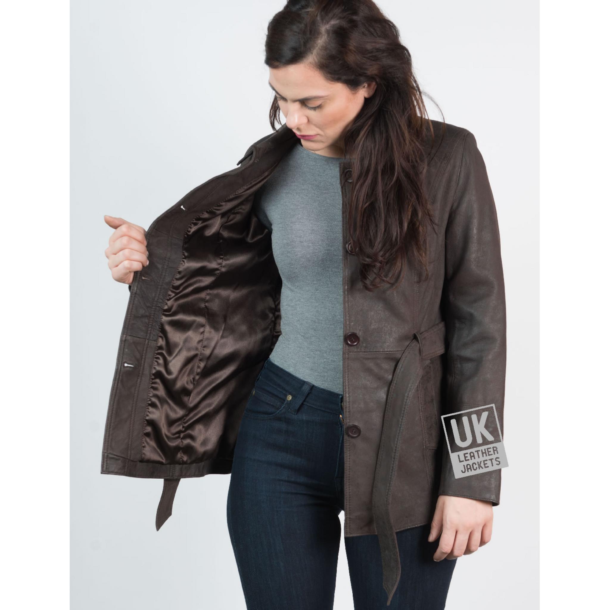 Womens Antiqued Brown Nubuck Jacket Hip Length Matt Finish Free