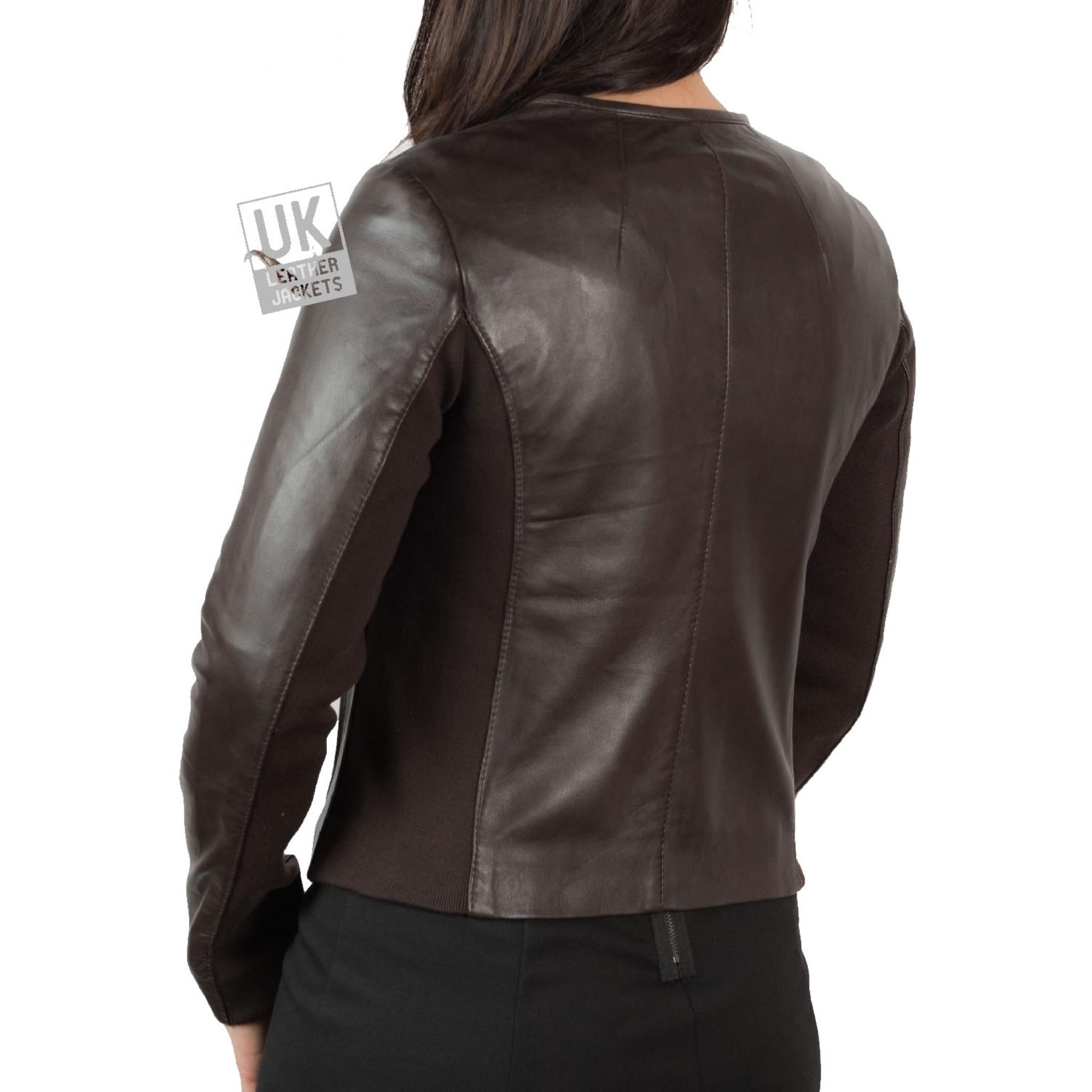 Womens Collarless Brown Leather Jacket stretch side and sleeve panels