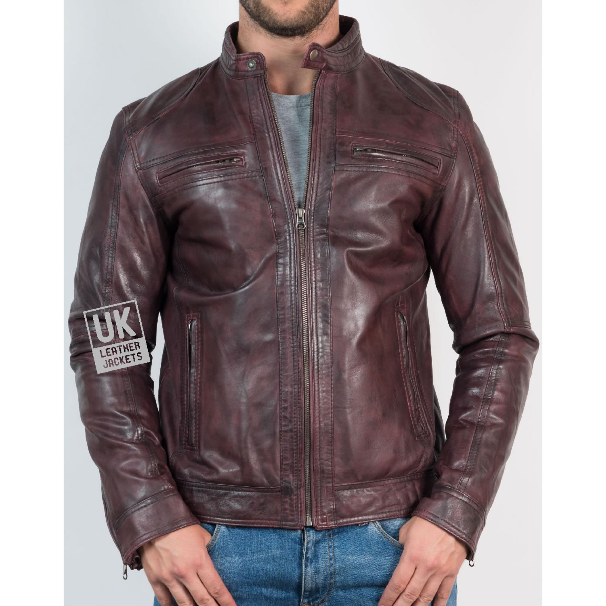 Mens Vintage Burgundy Leather Jacket - Ellin | UK Leather Jackets