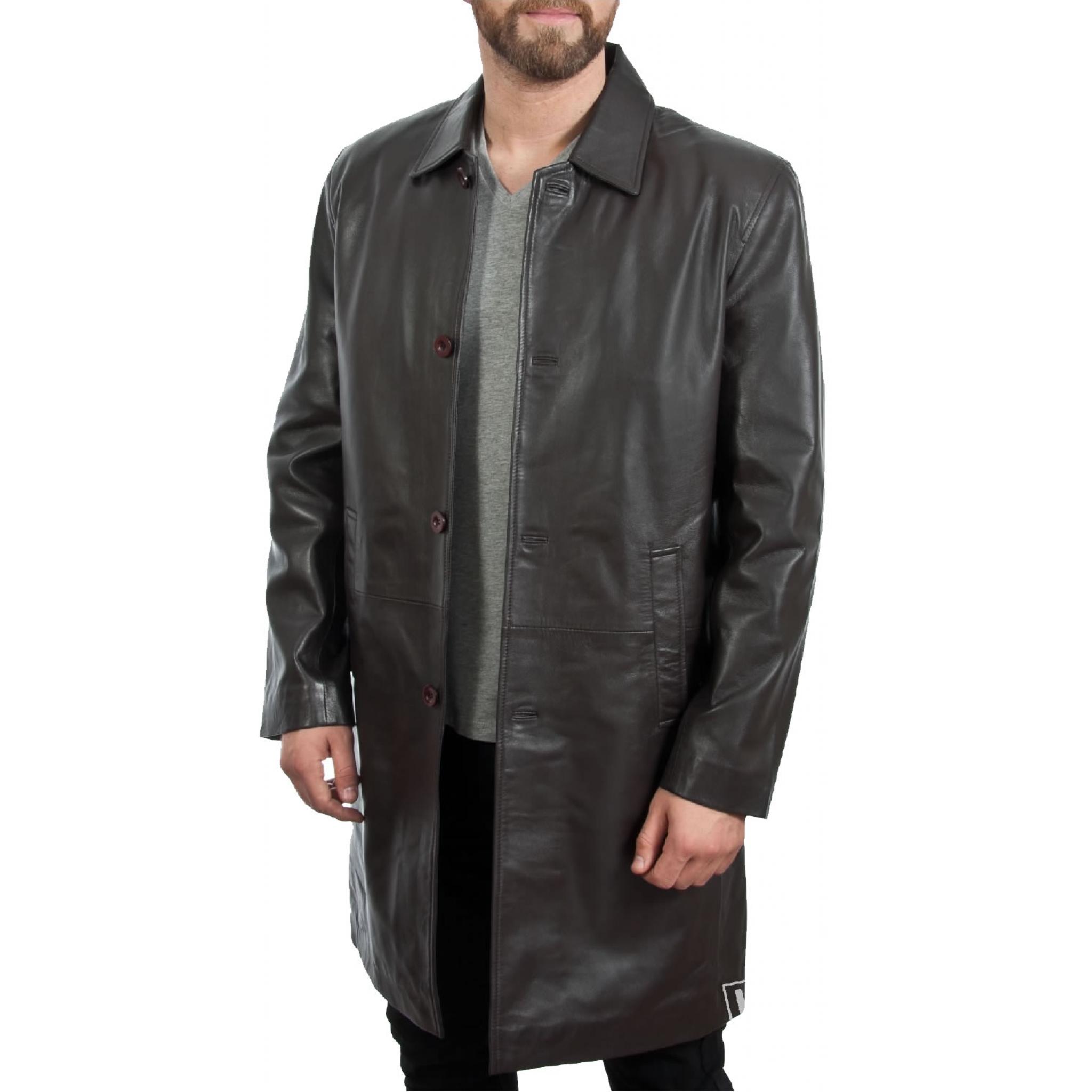 Mens Knee Length Brown Leather Coat Saint