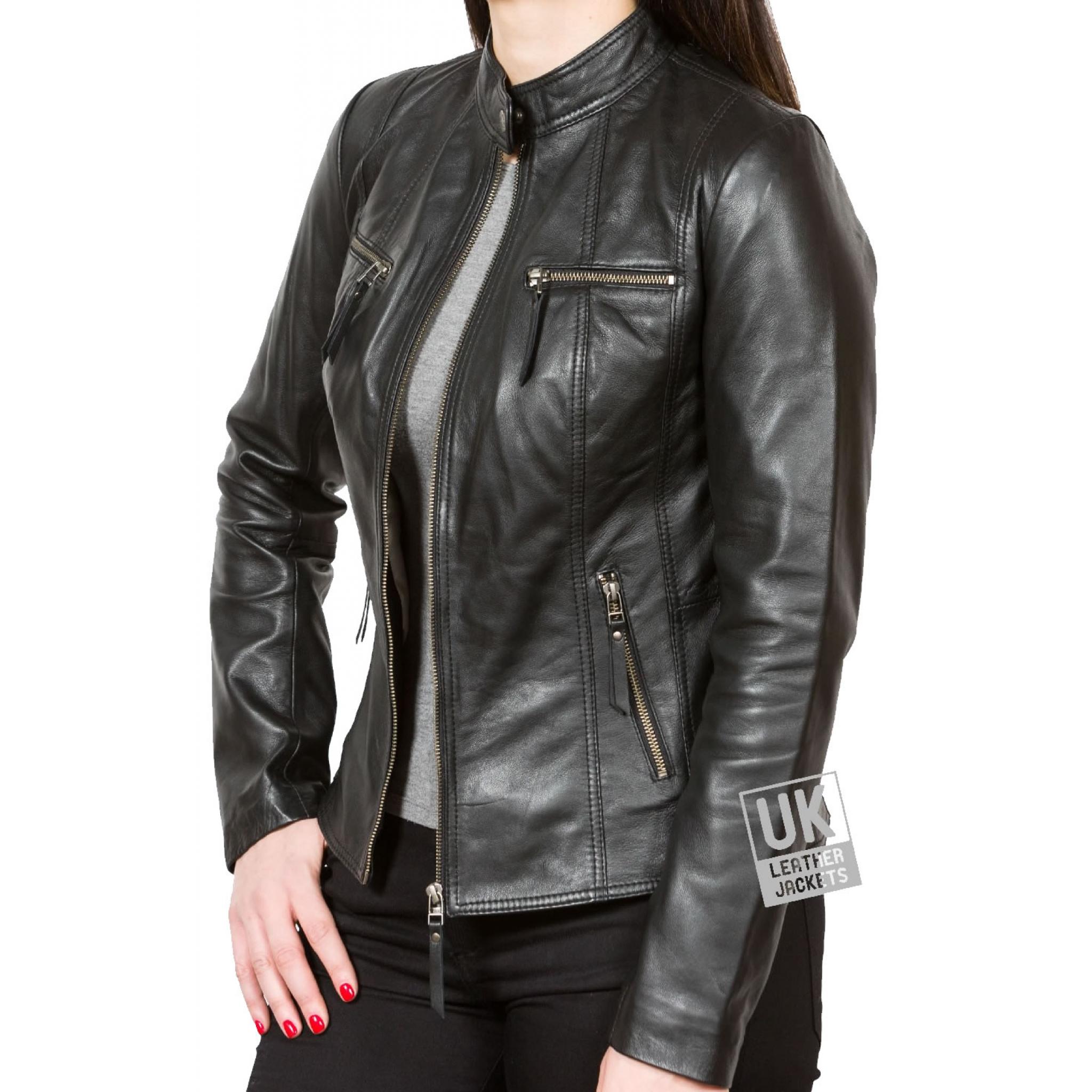 Womens Black Leather Jacket - Leone