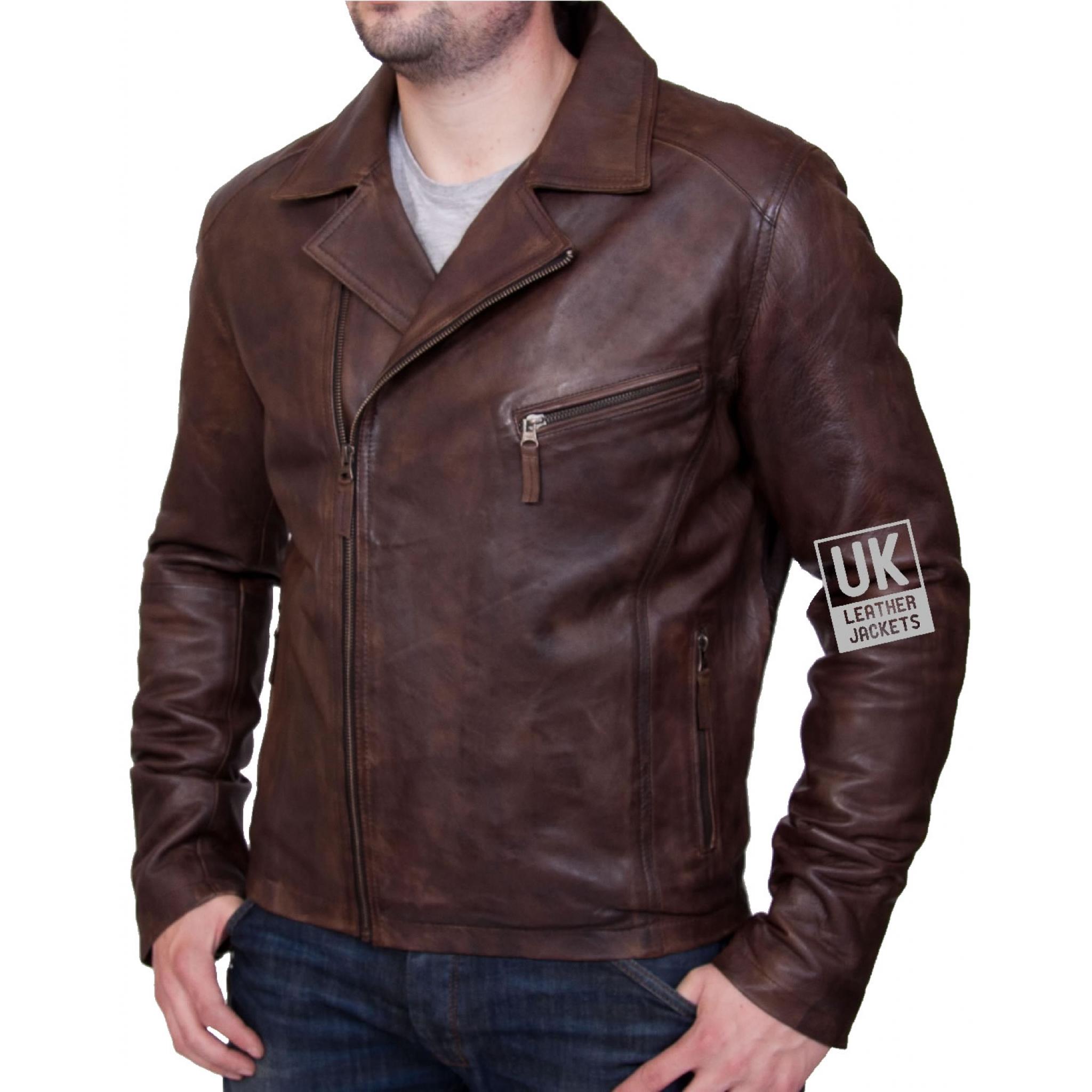 Mens Brown Cross Zip Leather Jacket - Lenox | UK Leather Jackets
