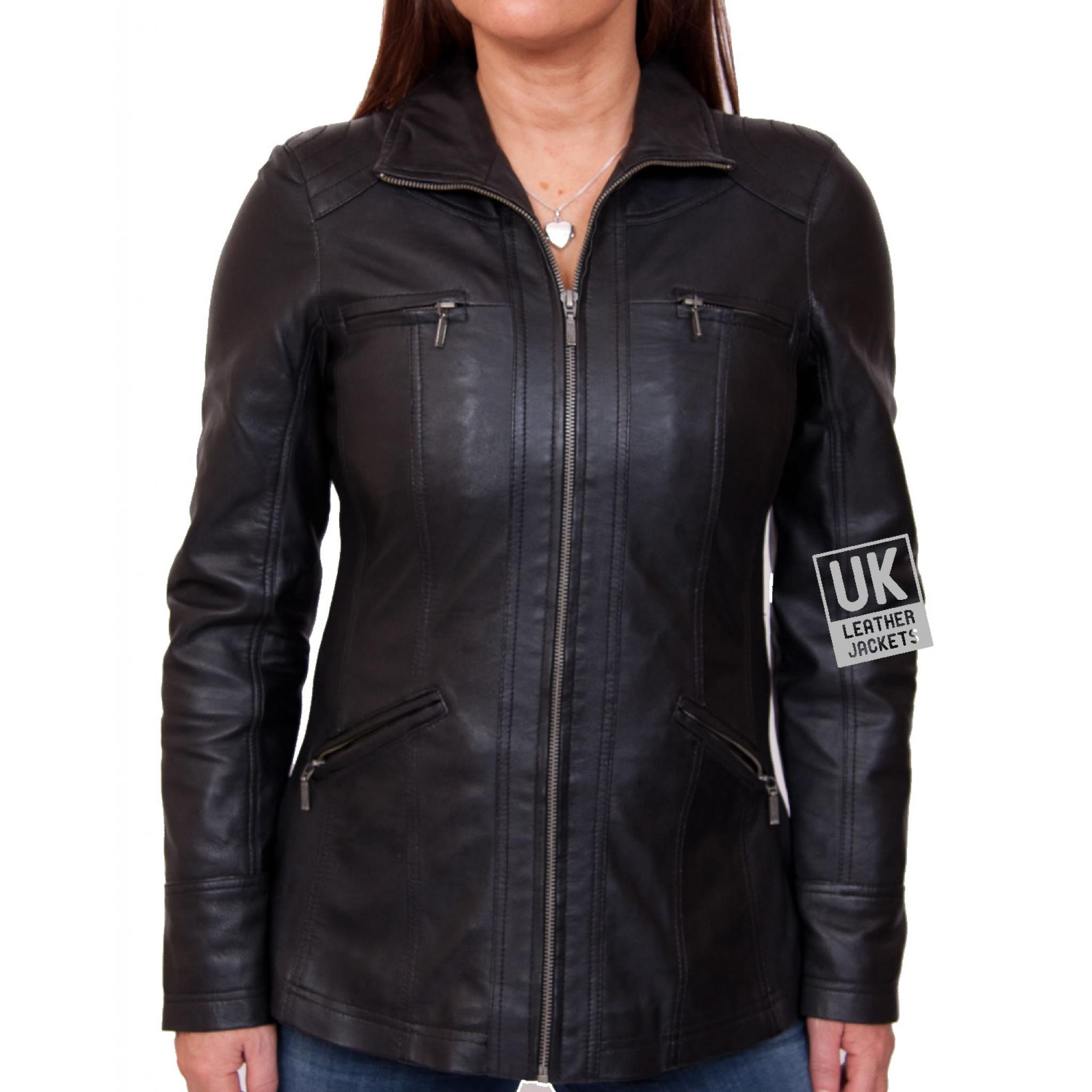 Womens Black Leather Jacket Muse Hip Length