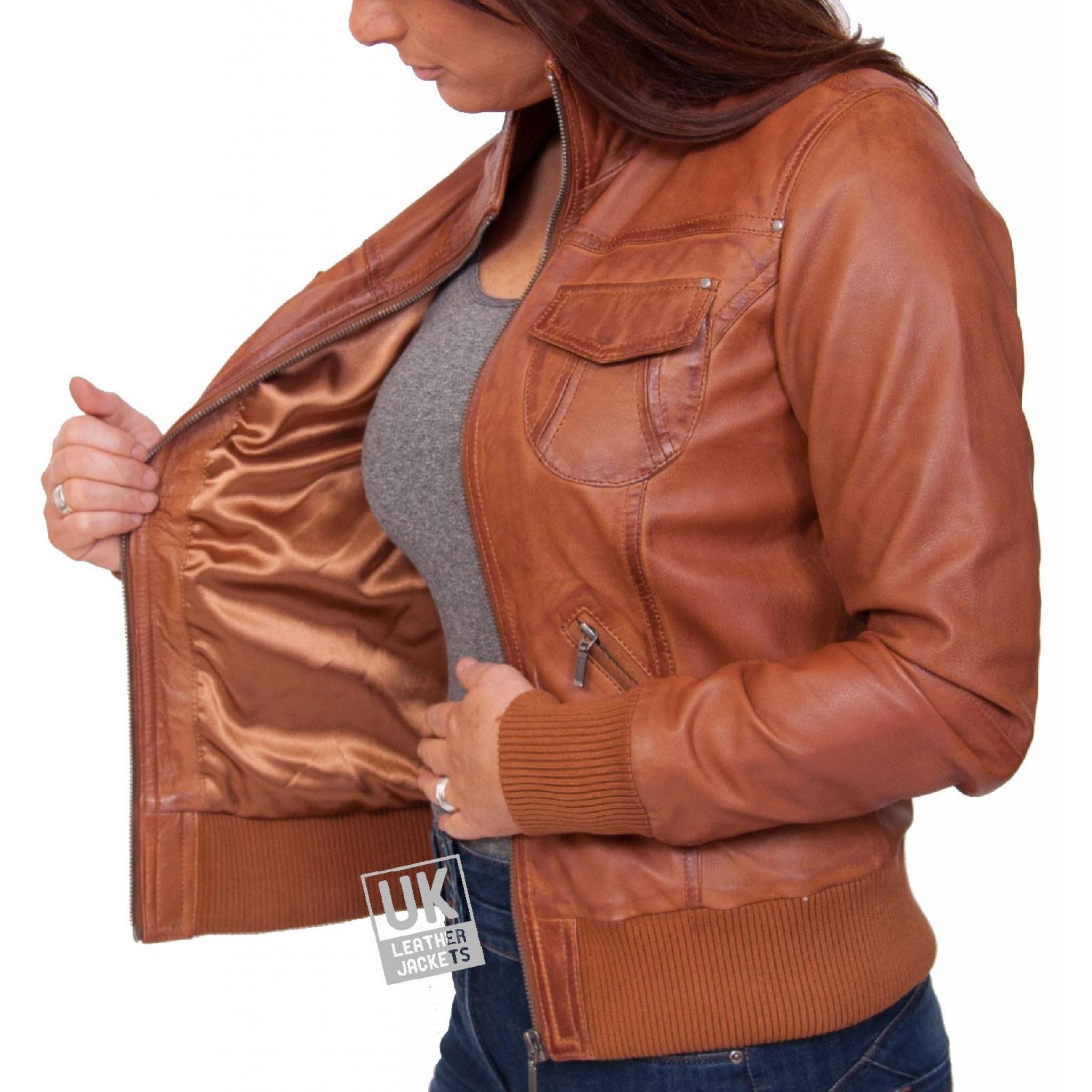 Womens Tan Leather Bomber Jacket Harper UK Leather Jackets