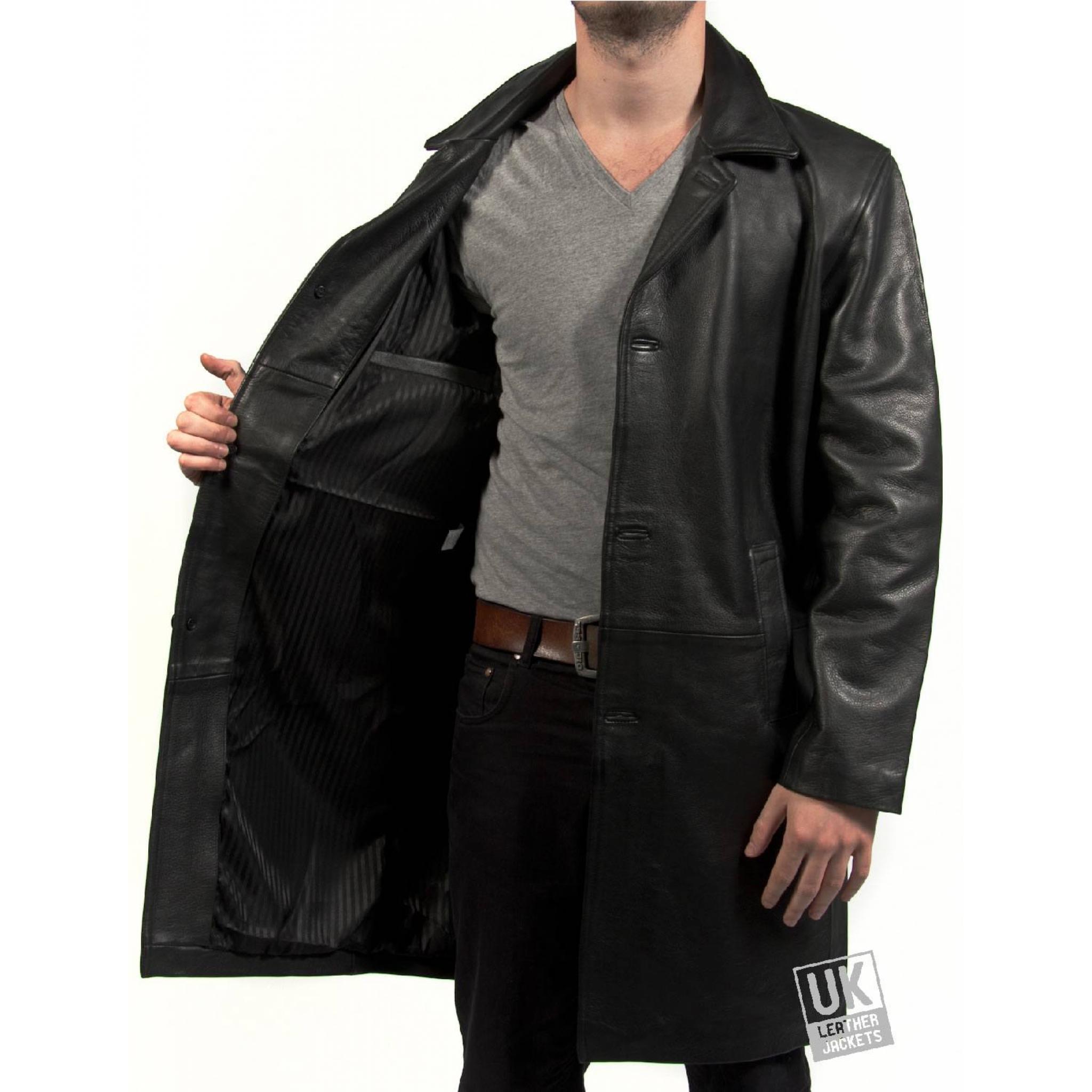 Mens knee Length Black Cow Hide Leather Coat Saint