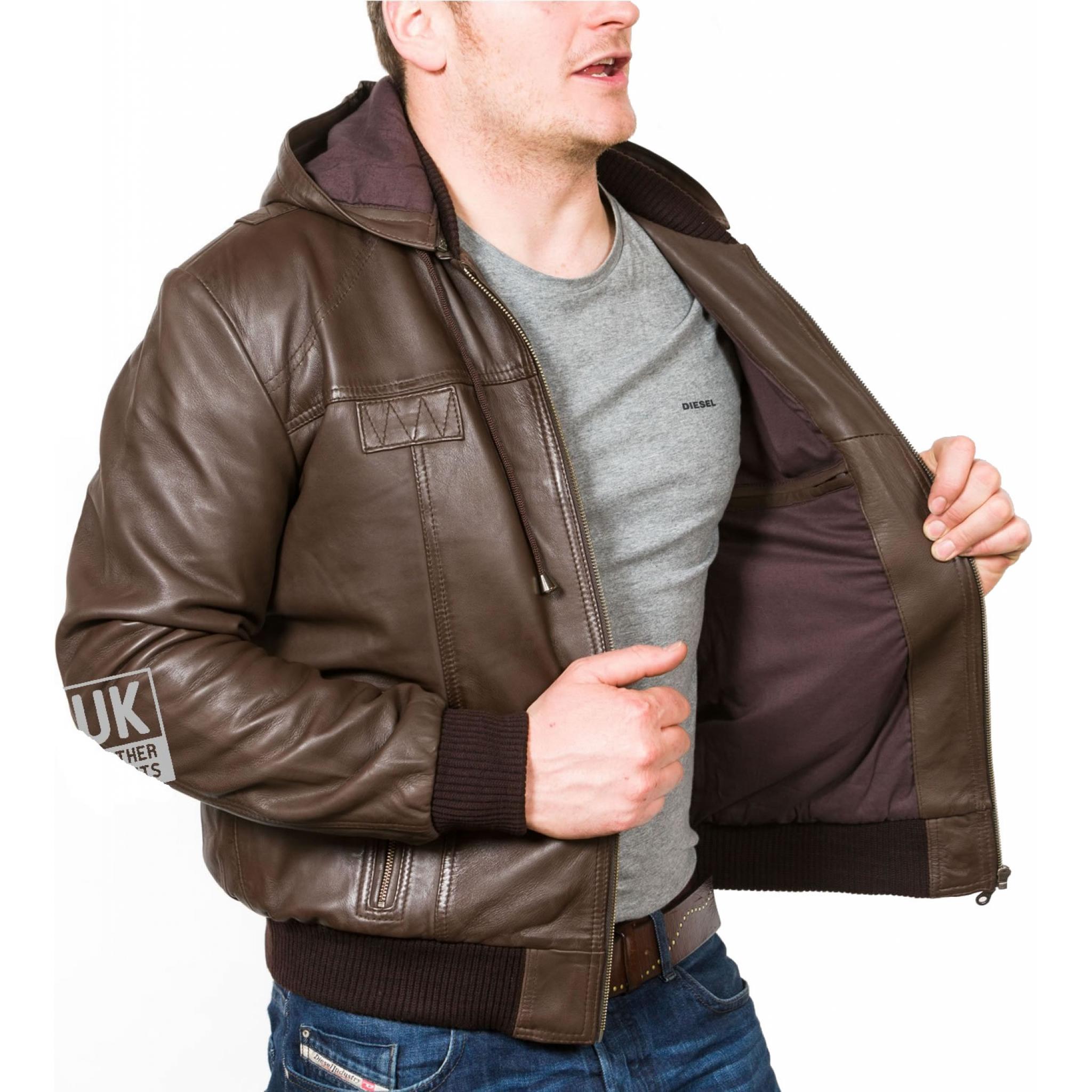 Mens Brown Hooded Leather Bomber Jacket Troy Detachable Hood Free UK Delivery