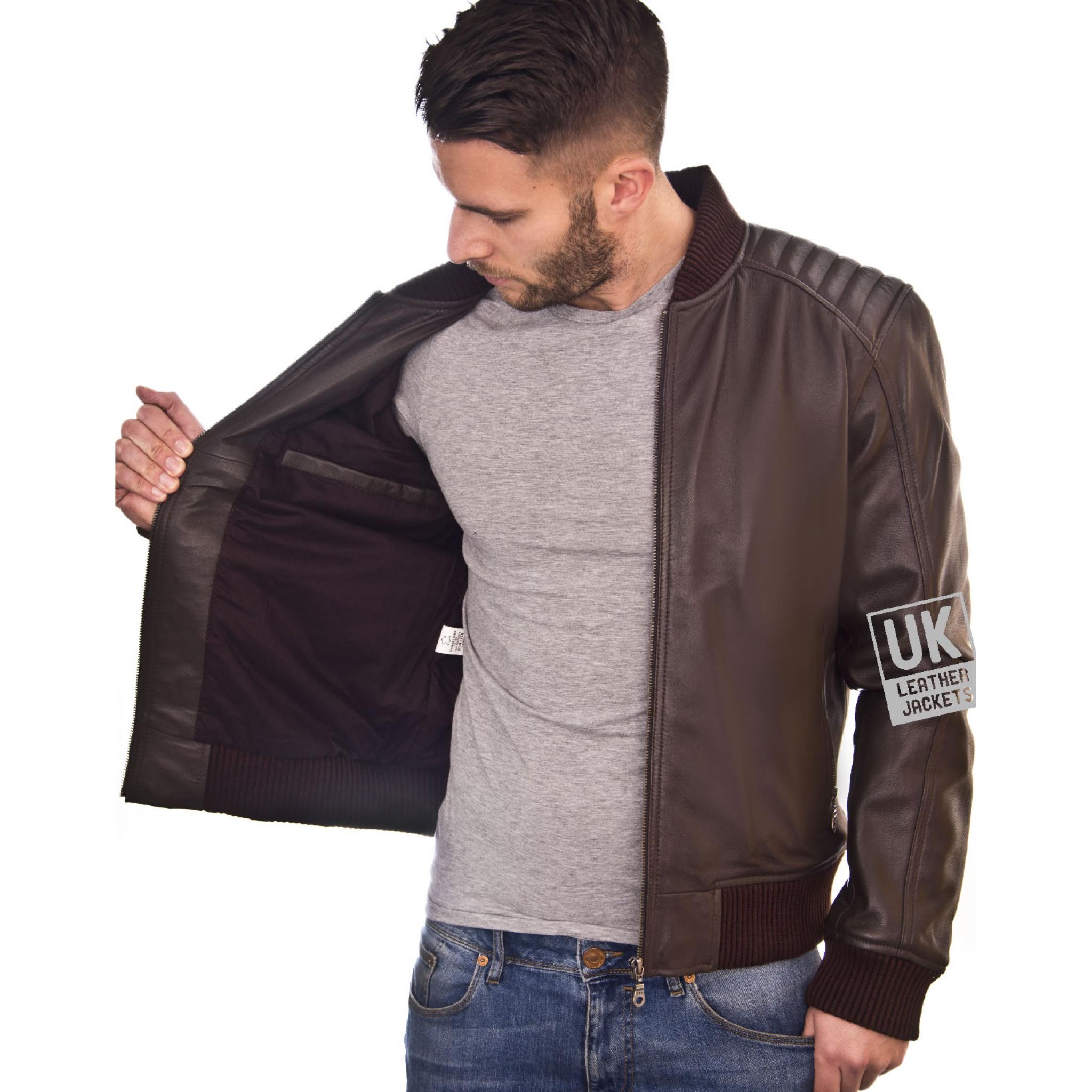 Men's Brown Leather Bomber Jacket - Ventega