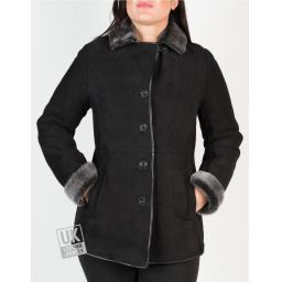 Womens Black Shearling Sheepskin Jacket - Hip Length - Dana - Button Front