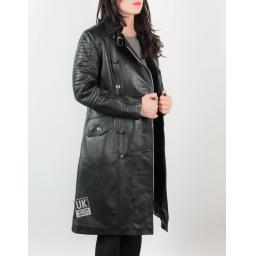 Womens 7/8th Length Double Breasted Black Leather Coat – Maxim - Front Side