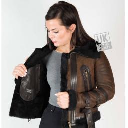 Womens Belted Shearling Sheepskin Jacket – Alana - Vintage Brown - Lining