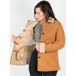 Womens Tan Shearling Sheepskin Jacket - Hip Length - Dana - Wool Interior
