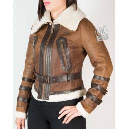 Womens Belted Shearling Sheepskin Jacket – Alana - Vintage Tan - Side